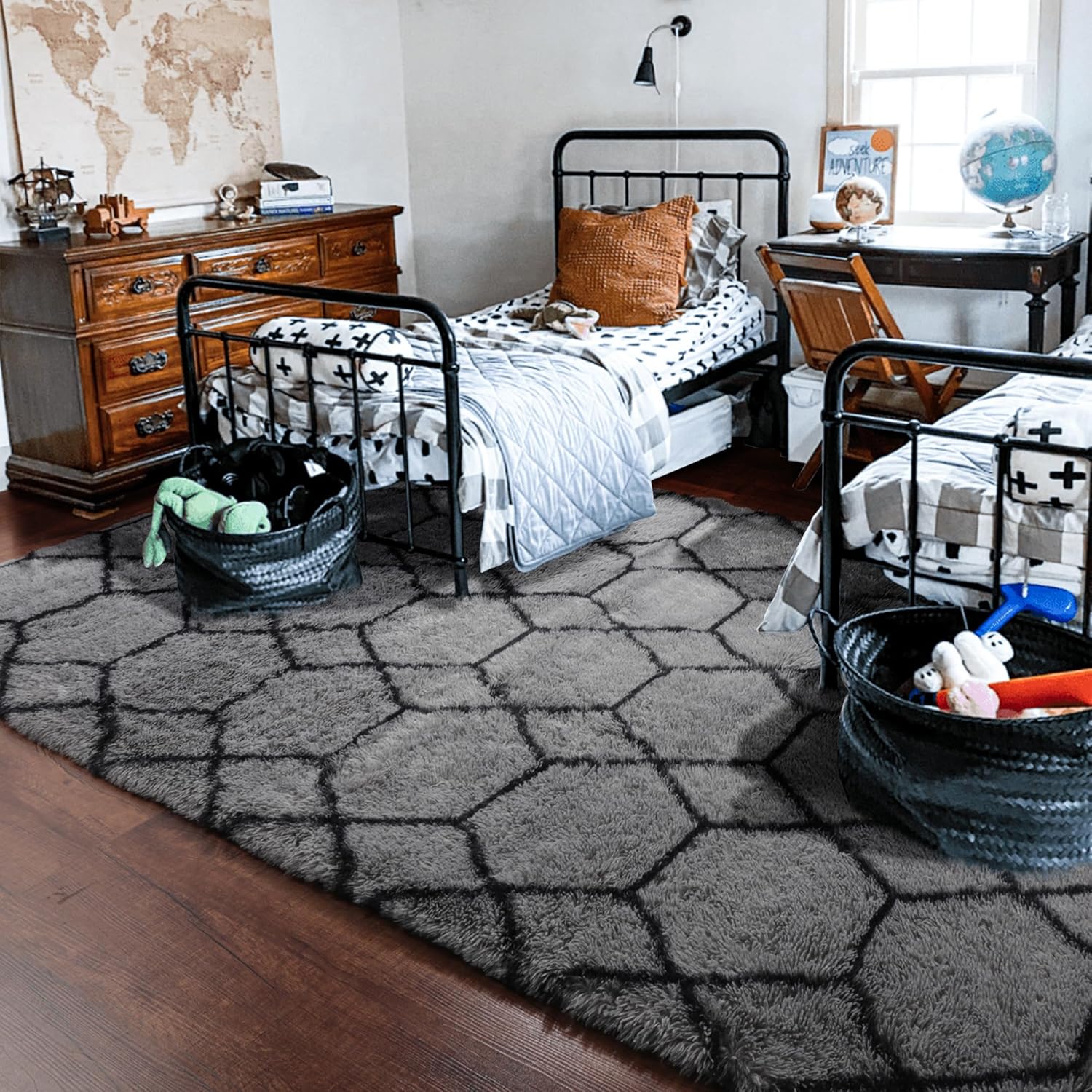 Alfombra grande y moderna para sala de estar, dormitorio, alfombra de suelo de 6 x 9 pies, alfombra gris y negra, alfombra geométrica marroquí para