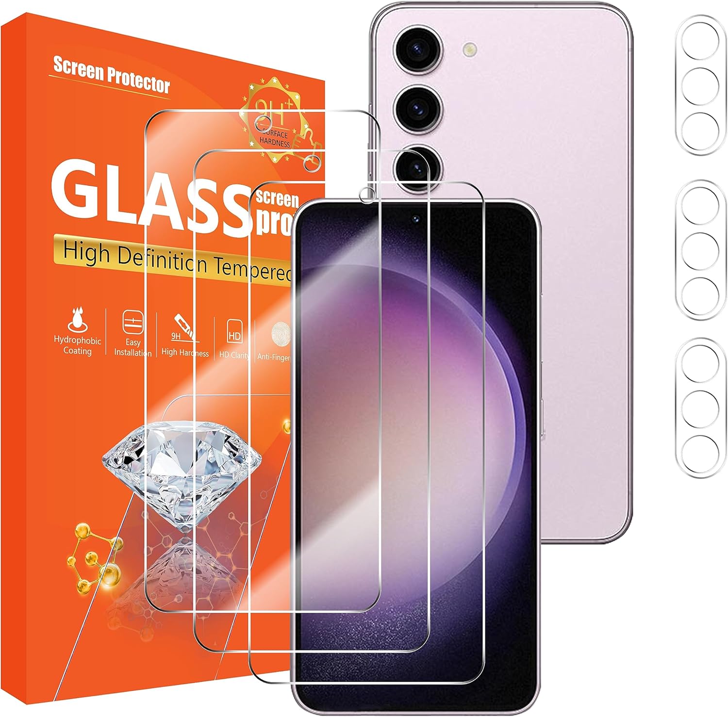 Paquete de 3 + 3 protectores de pantalla para Galaxy S23 (6.1 pulgadas), paquete de 3 protectores de lente de cámara, 3 protectores de pantalla de