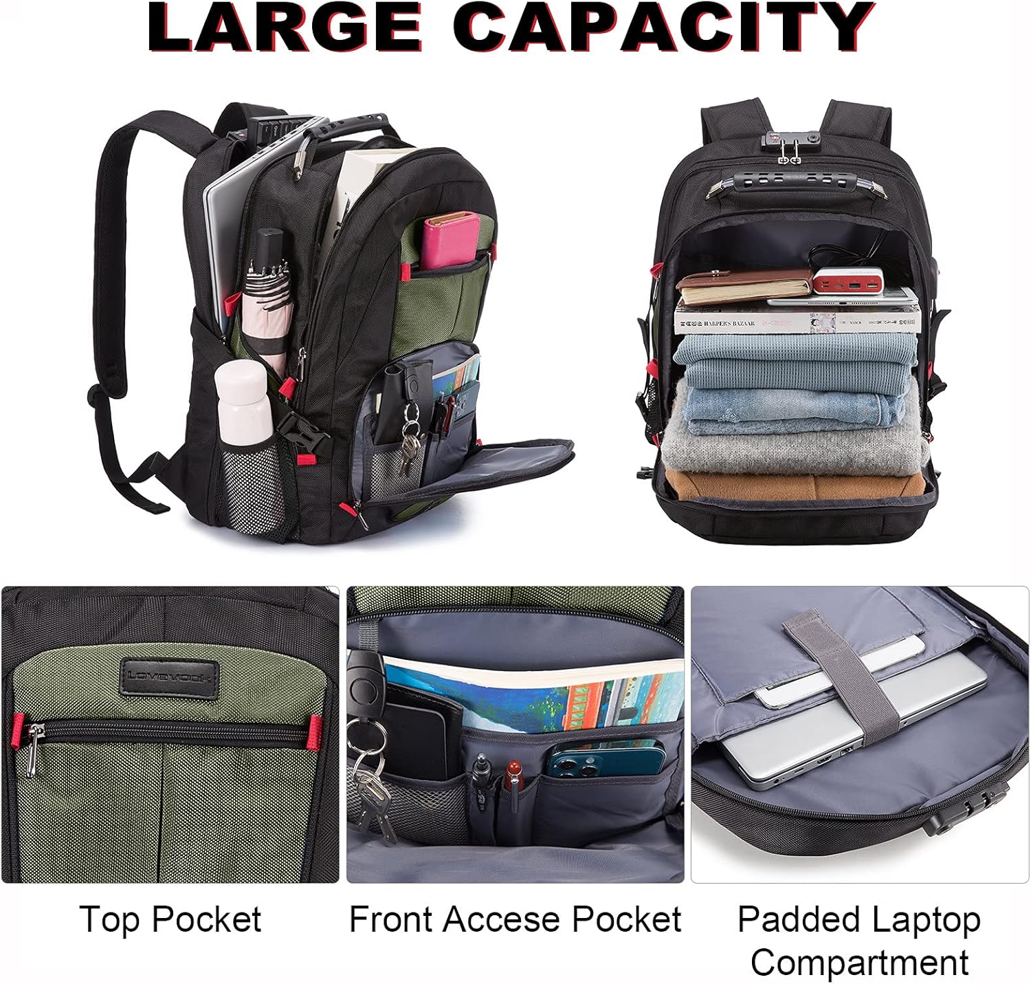 Mochila grande de viaje y para laptop, es impermeable, antirrobo, con cerradura y puerto de carga USB, para negocios, escuela, universidad, para