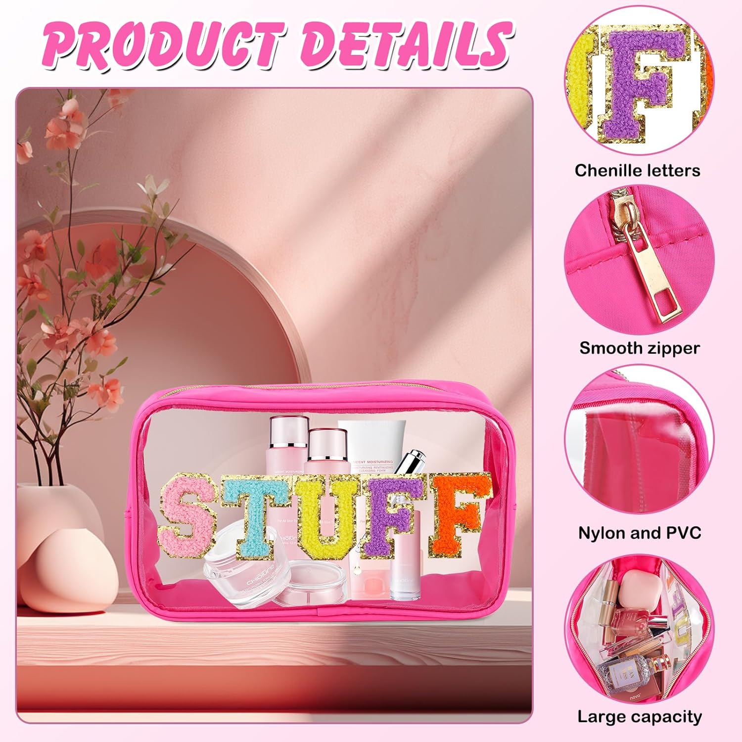 Juego de 2 bolsas de maquillaje transparentes y preppy, grandes, pequeñas, de viaje, con letras de chenilla, bolsa de cosméticos de nailon y PVC,