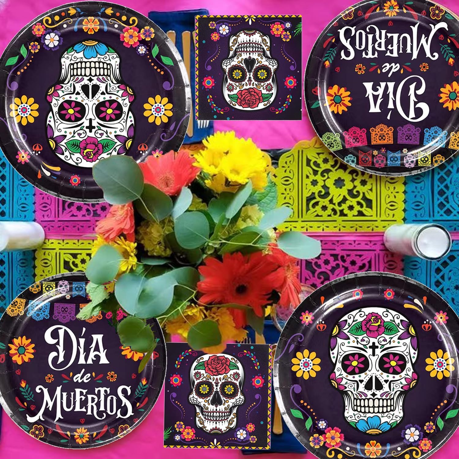Juego de 64 piezas de vajilla para fiesta del Día de los Muertos Día de los Muertos, suministros de fiesta de calavera de azúcar, platos para fiesta