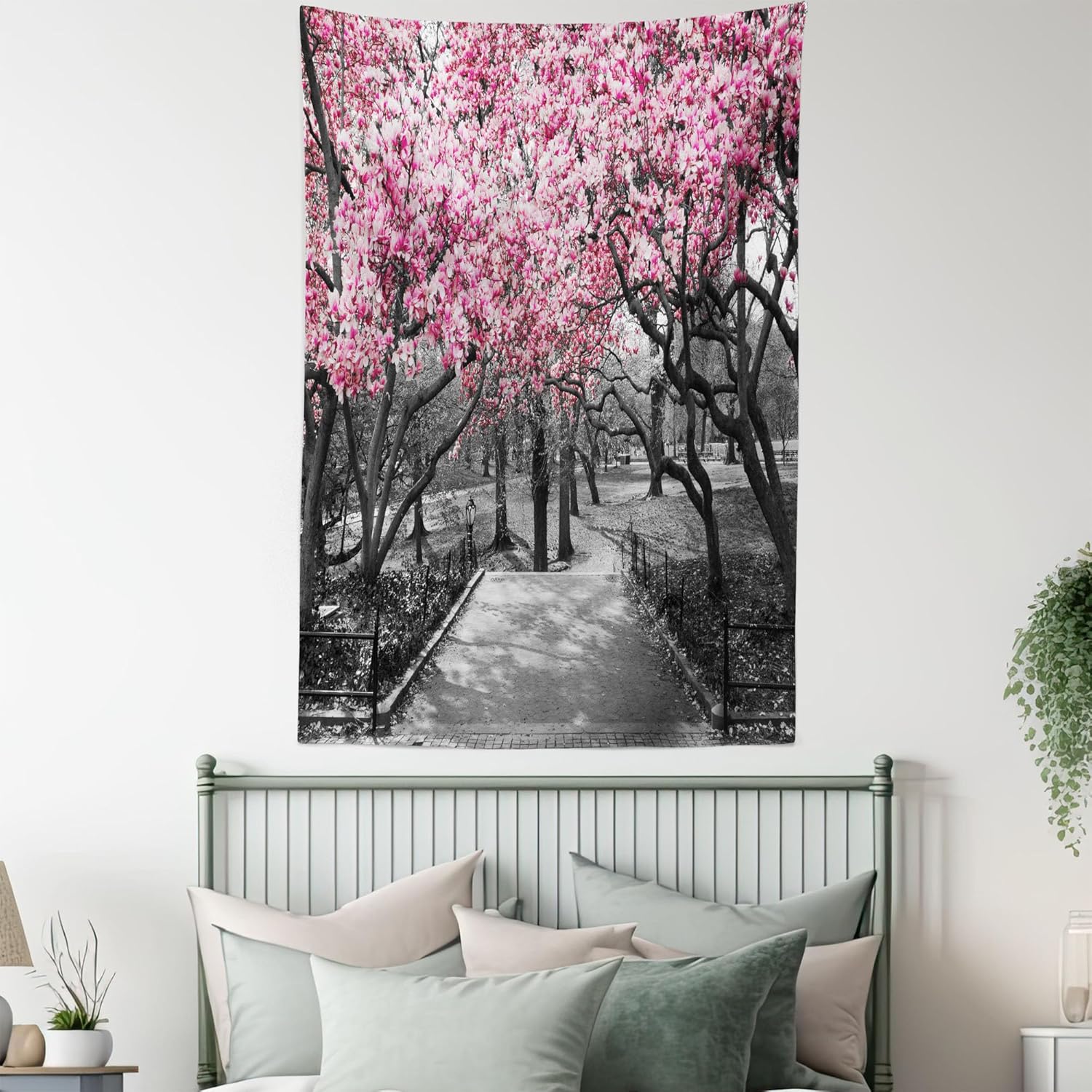 Lunarable NYC – Tapiz de flores en Central Park, paisaje, cerezos, bosque, temporada de primavera, decoración de tela para colgar en la pared para