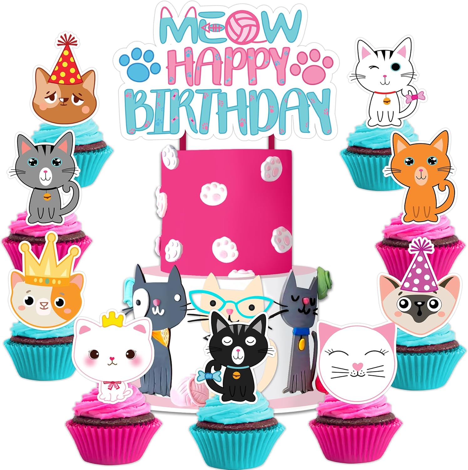25 piezas de decoración de pastel de cumpleaños con temática de gatos y gatos, suministros de fiesta, regalos de decoración para niñas, niños,