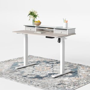 FEZIBO Escritorio eléctrico de pie con cajones dobles, soporte de monitor superior de vidrio de 48 x 24 pulgadas, escritorio ajustable con estante FEZIBO Escritorio eléctrico de pie con cajones dobles, soporte de monitor superior de vidrio de 48 x 24 pulgadas, escritorio ajustable con estante