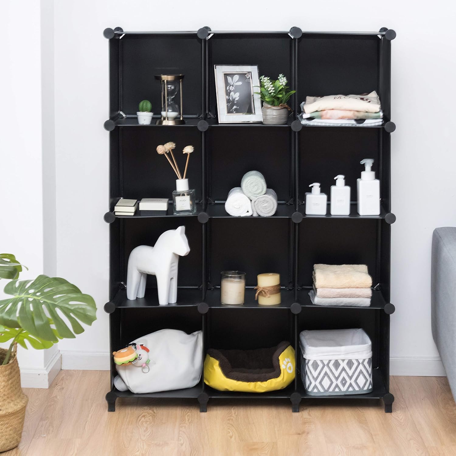 Tangkula Organizador de almacenamiento de 12 cubos, gabinete de plástico PP con marco de acero inoxidable, sistema de almacenamiento modular