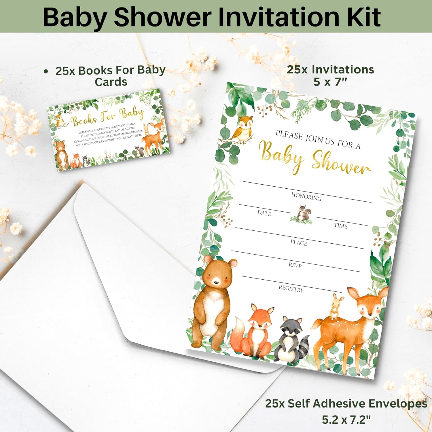 127 invitaciones para baby shower de Woodland para niños y niñas con sobres, tarjetas de agradecimiento para bebés, tarjetas de solicitud de libros,