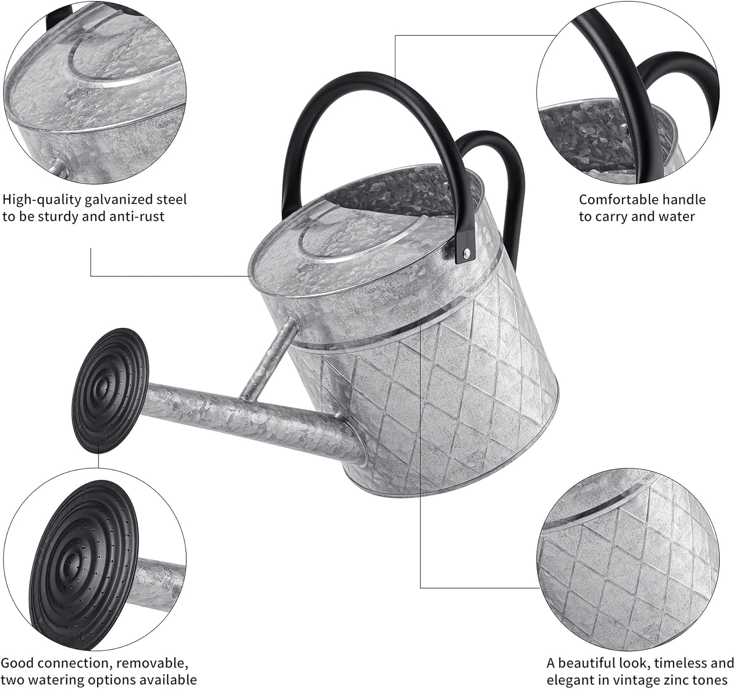 Regadera de metal galvanizado para exteriores de 1.75 galones para plantas de jardín, regadera de zinc vintage con boquilla rociadora extraíble,