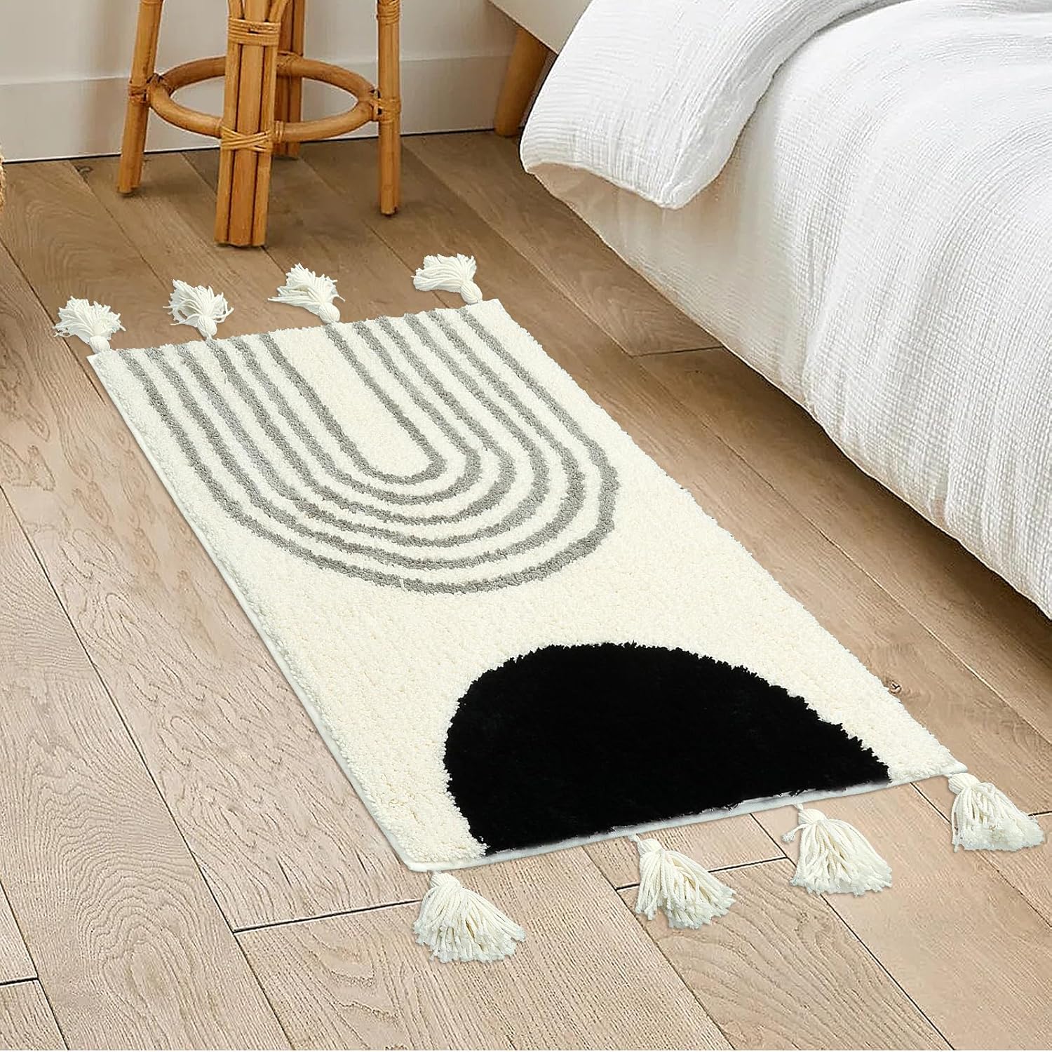 Seavish Tapetes de baño antideslizantes de 20 x 32 pulgadas, pequeño, color negro, con borlas, alfombra de baño bohemia para casa de campo, lavable,