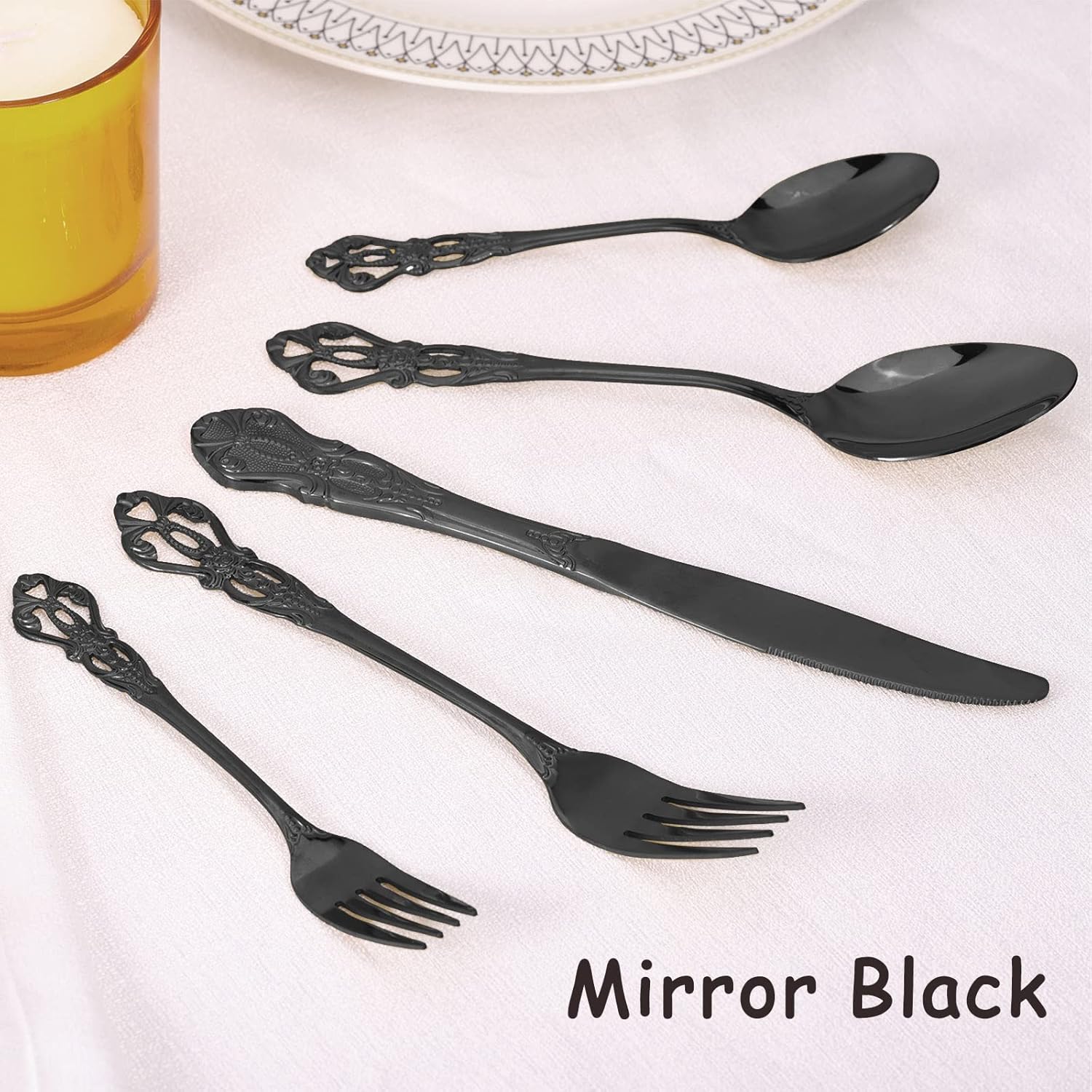 Juego de cubiertos negros para 8, juego de cubiertos de acero inoxidable, juego de cubiertos retro real, 40 piezas, juego de utensilios de cocina,