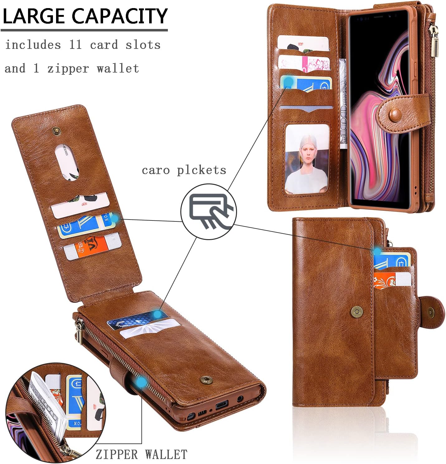 Asuwish Funda de teléfono para Samsung Galaxy Note 9 con cremallera, funda desmontable con protector de pantalla de vidrio templado y soporte de