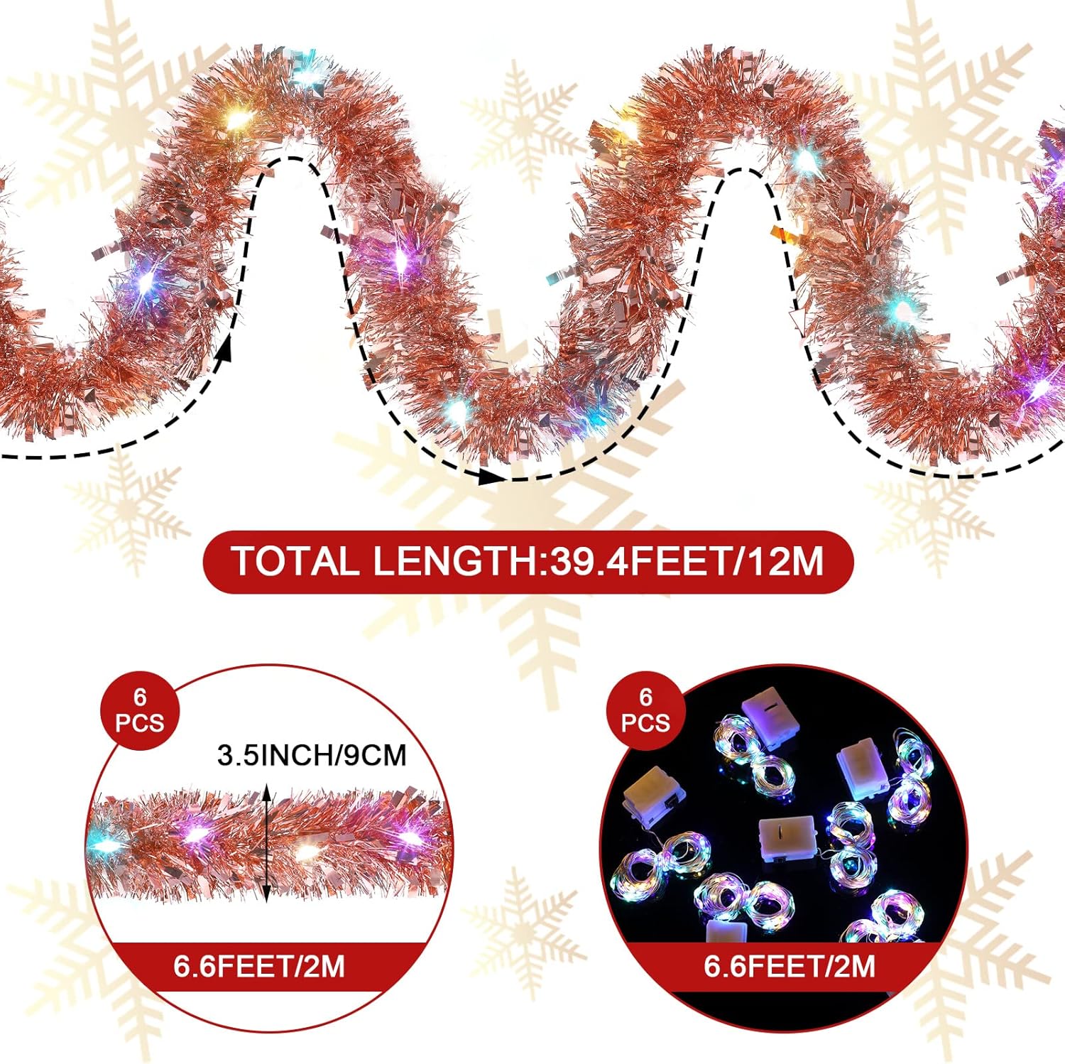 Hotop Guirnalda de oropel preiluminada de Navidad de 39.4 pies con 180 luces LED colgantes de 59 pies, guirnalda metálica giratoria con luces para