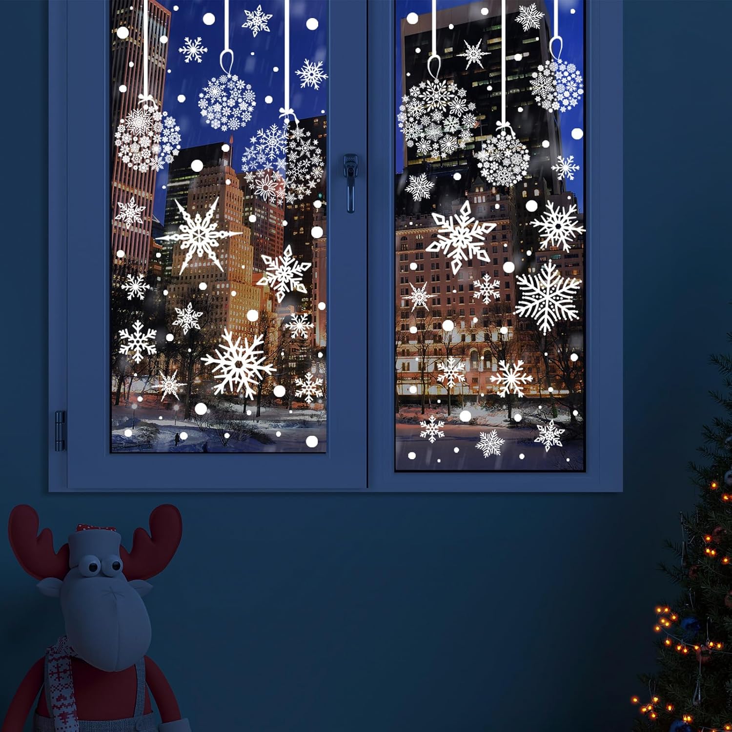 AnyDesign 9 hojas de calcomanías navideñas para ventana, diseño de copo de nieve, calcomanías de doble cara para decoración de ventanas de Navidad,