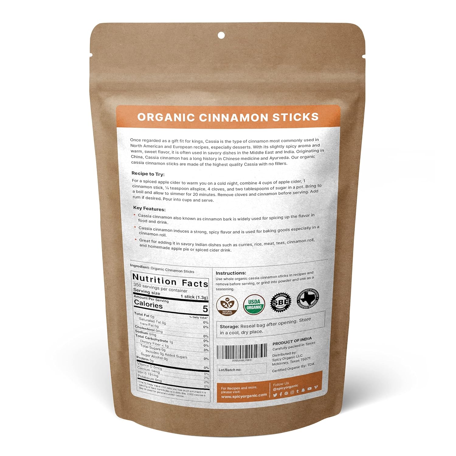 SPICY ORGANIC Palitos de canela  Pure USDA Organic  Palitos de canela sin OMG enteros  Ideal para añadir un sabor extra en la cocina, hornear y