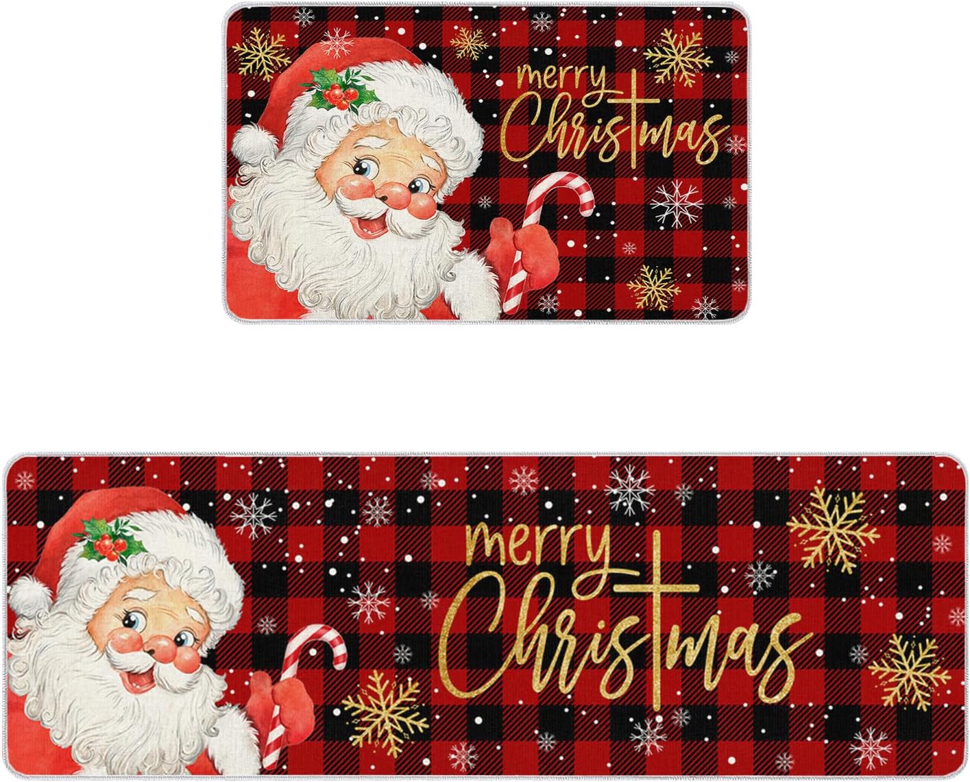 Alfombrillas de cocina de Papá Noel para piso, 2 piezas, diseño de búfalo rojo y negro, antideslizantes, juego de alfombras de cocina lavables,