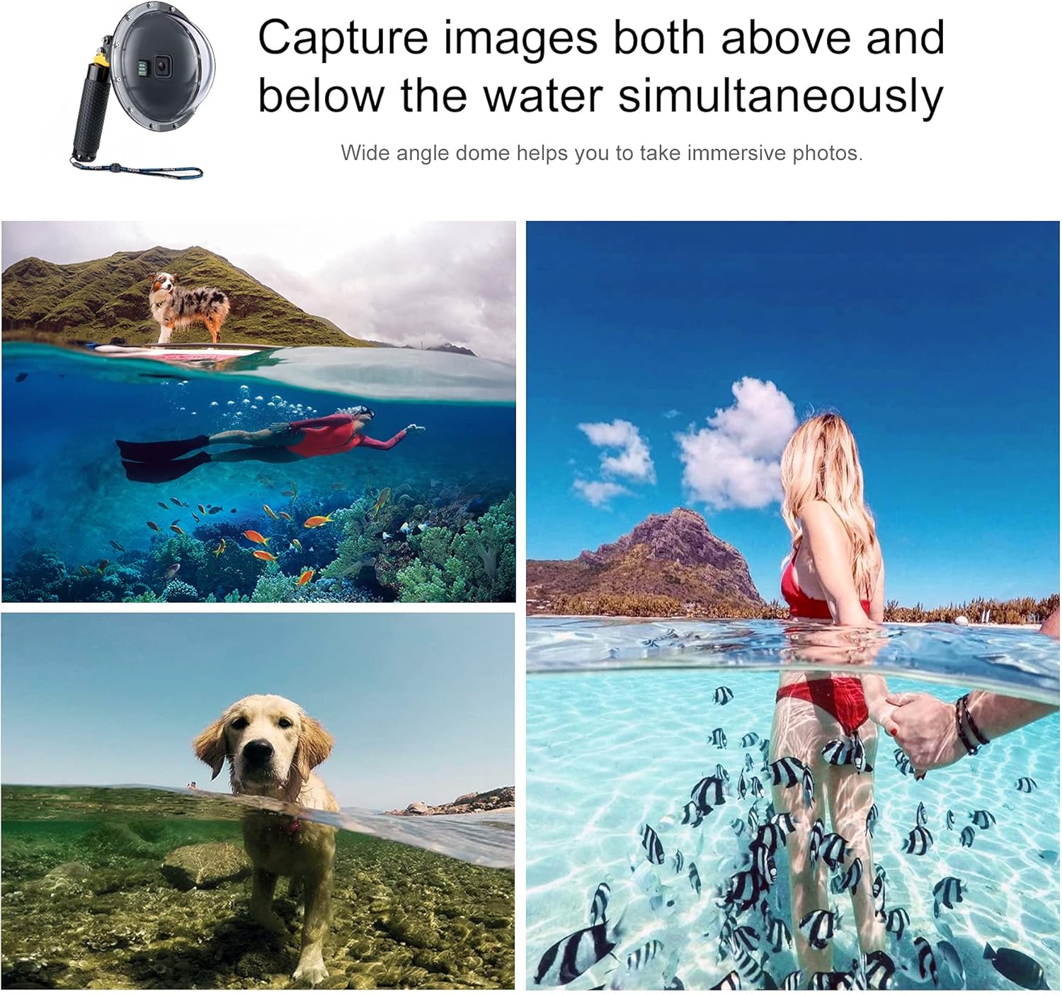 YALLSAME Cúpula para GoPro 8 Funda impermeable con ventana de pantalla frontal, agarre de mano flotante, gatillo de buceo subacuático, esnórquel,