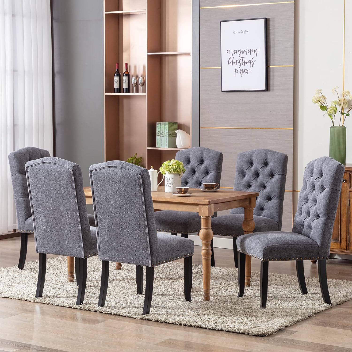 COLAMY Juego de 2 sillas de comedor tapizadas Parsons con botones, sillas auxiliares de cocina de tela con ribete de cabeza de clavo y patas de