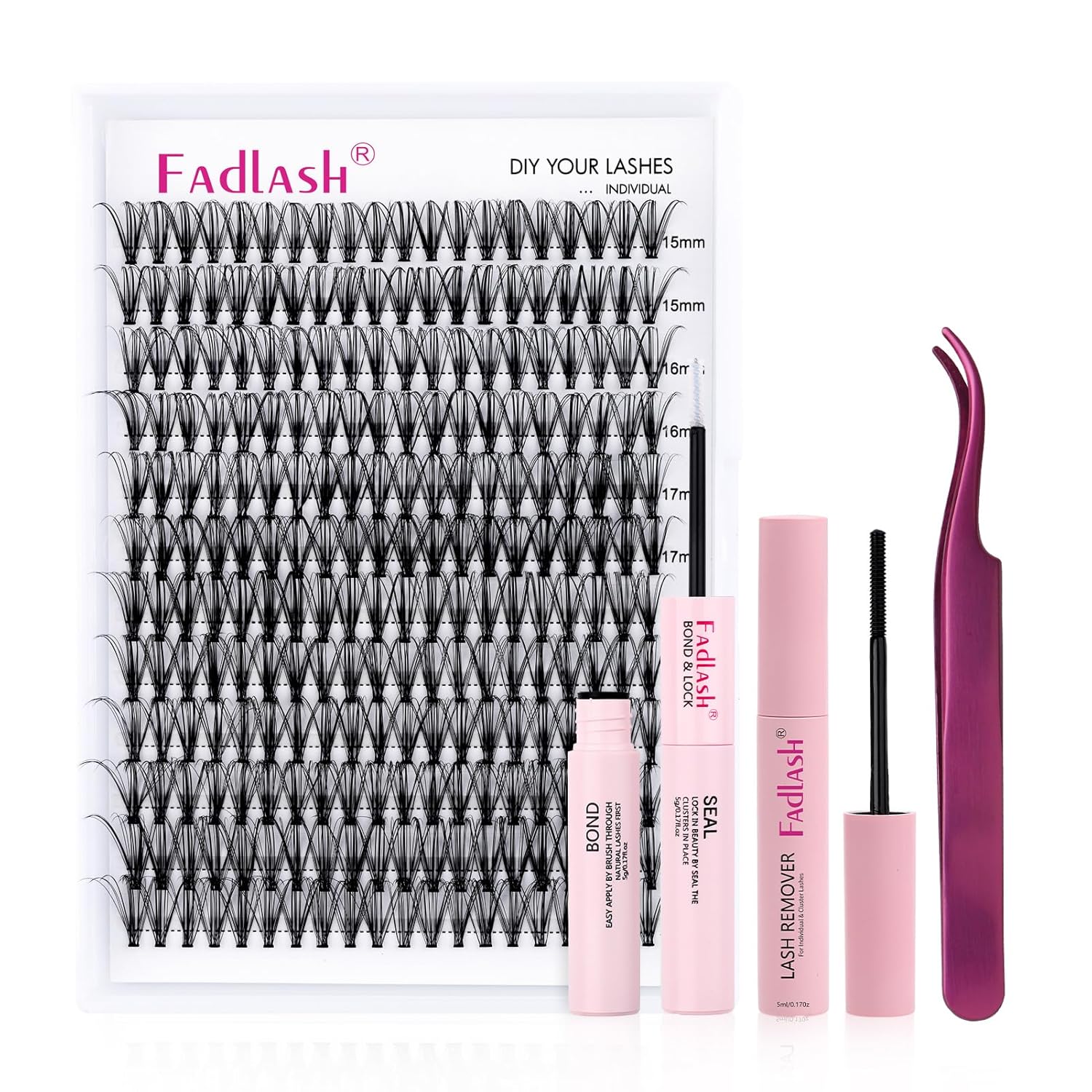 Kit de extensiones de pestañas individuales, racimos de pestañas individuales para unir y sellar, removedor de pegamento de pestañas y pinzas para