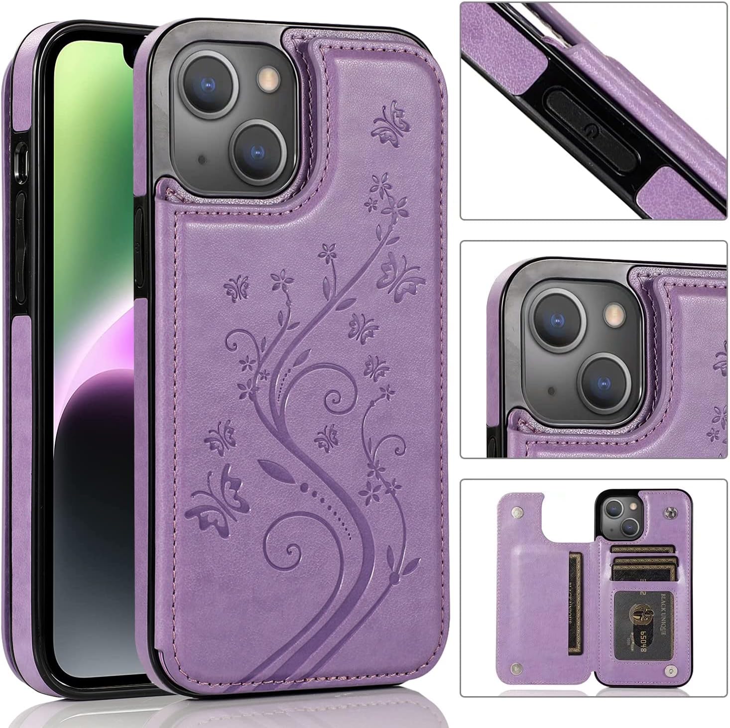 Funda compatible con iPhone 15 Plus de 6.7 pulgadas con protector de pantalla de vidrio templado y tarjetero con soporte para tarjetero, funda de