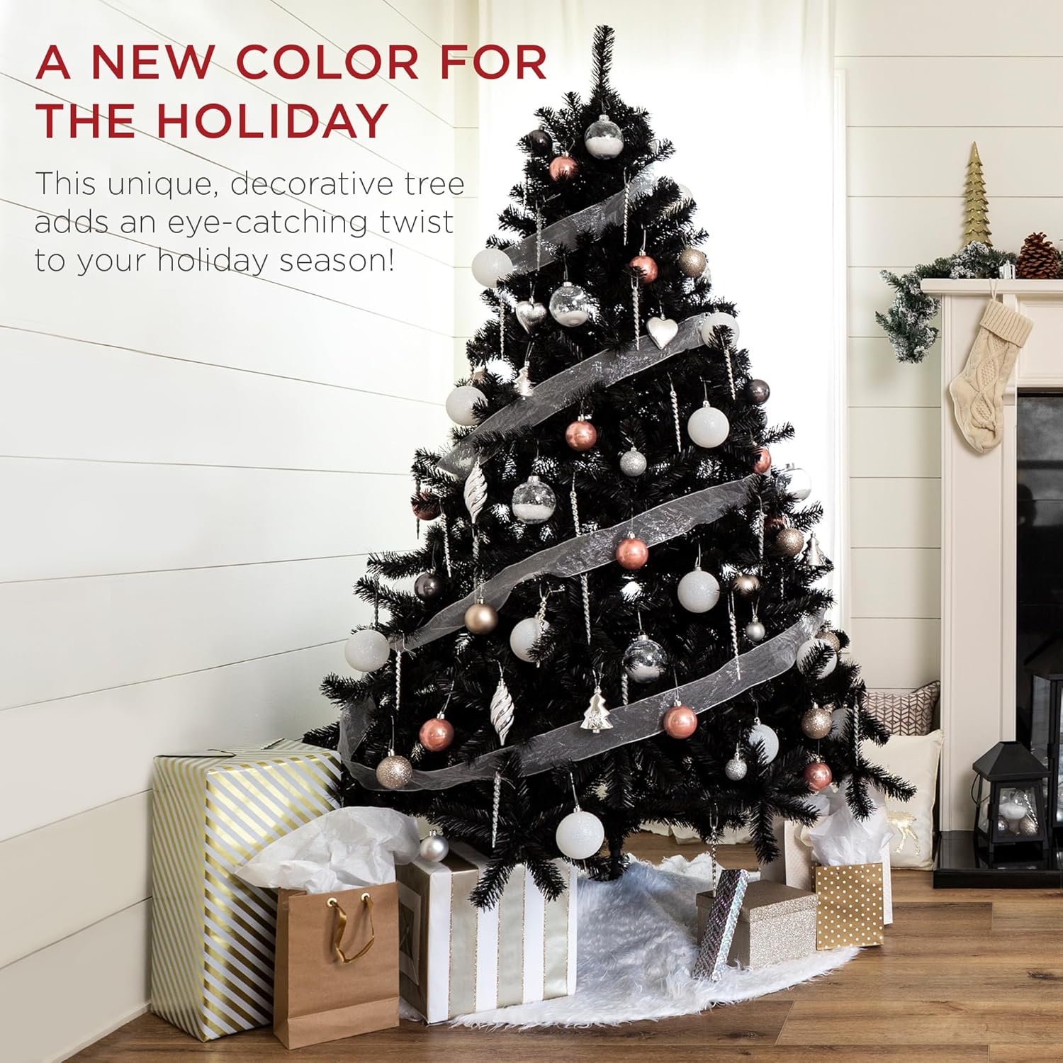 Best Choice Products Árbol de Navidad artificial negro de 4.5 pies, decoración de vacaciones de temporada para el hogar, oficina, decoración de