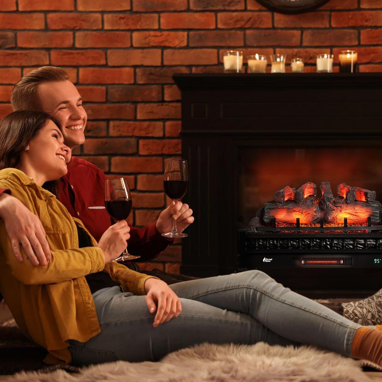TURBRO Eternal Flame – Calentador eléctrico de cuarzo infrarrojo WiFi de 30 pulgadas con sonido crujiente, troncos de madera de pino realistas,