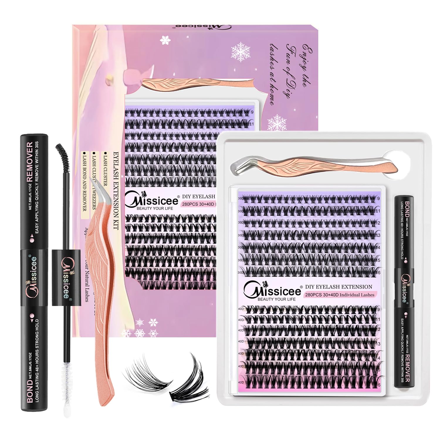 Kit de extensión de pestañas para bricolaje, 280 unidades, pestañas individuales en racimo D, kit de extensión de pestañas 30D 40D 0.354-0.630 in,