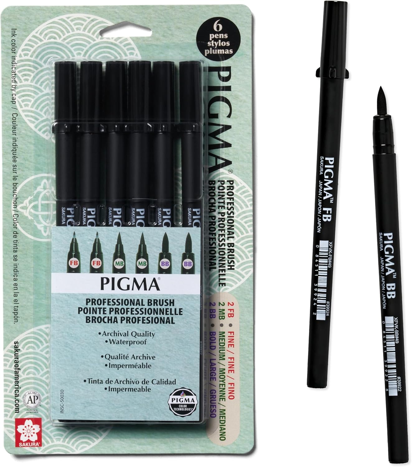 SAKURA Pigma – Bolígrafos profesionales de tinta de archivo, tinta negra, varios tamaños de puntas, paquete de 6 unidades 50030