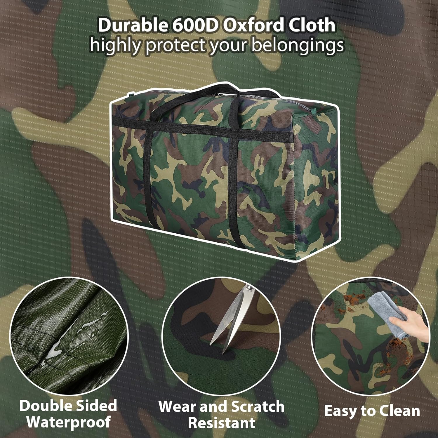 2 paquetes de bolsas de mudanza extra grandes de camuflaje de 100 L, bolsas de almacenamiento resistentes, asas envolventes de tela Oxford 600D,