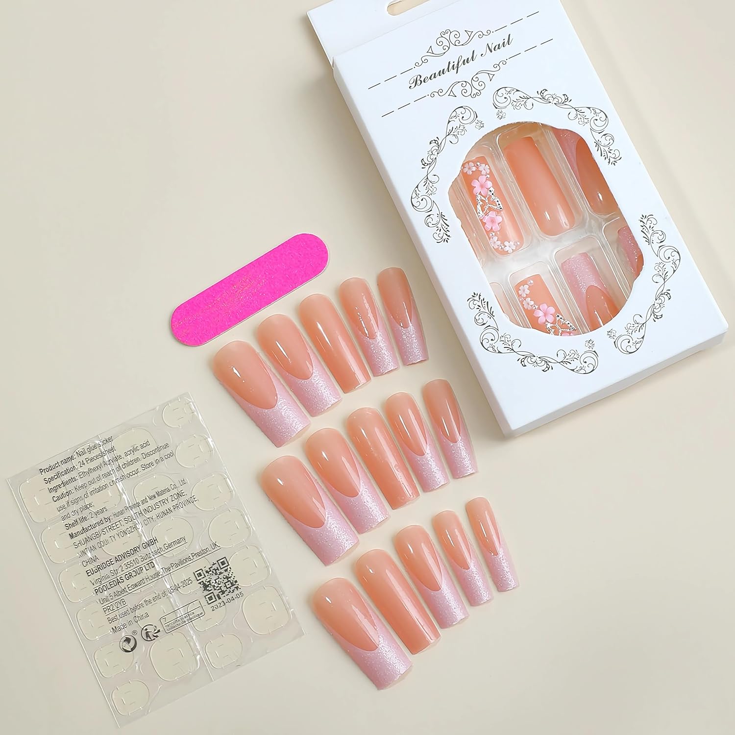BABALAL Uñas postizas cuadradas a presión, uñas postizas largas con punta francesa rosa, uñas con pegamento en uñas 3D, diseño de mariposa,