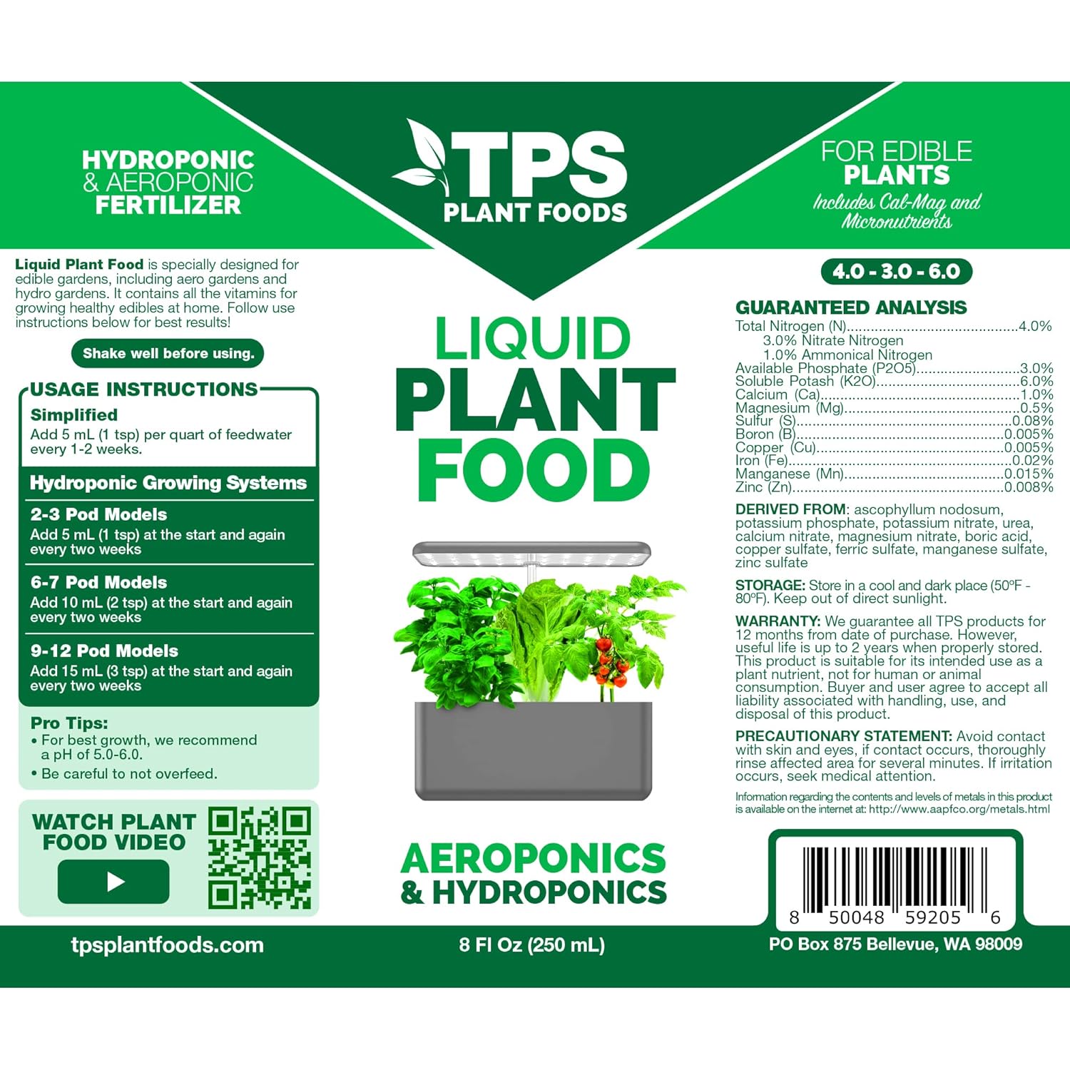 Alimento líquido para plantas para uso en AeroGarden, IDOO y sistemas de cultivo hidropónico, fertilizante líquido 32 oz (1 cuarto de galón)