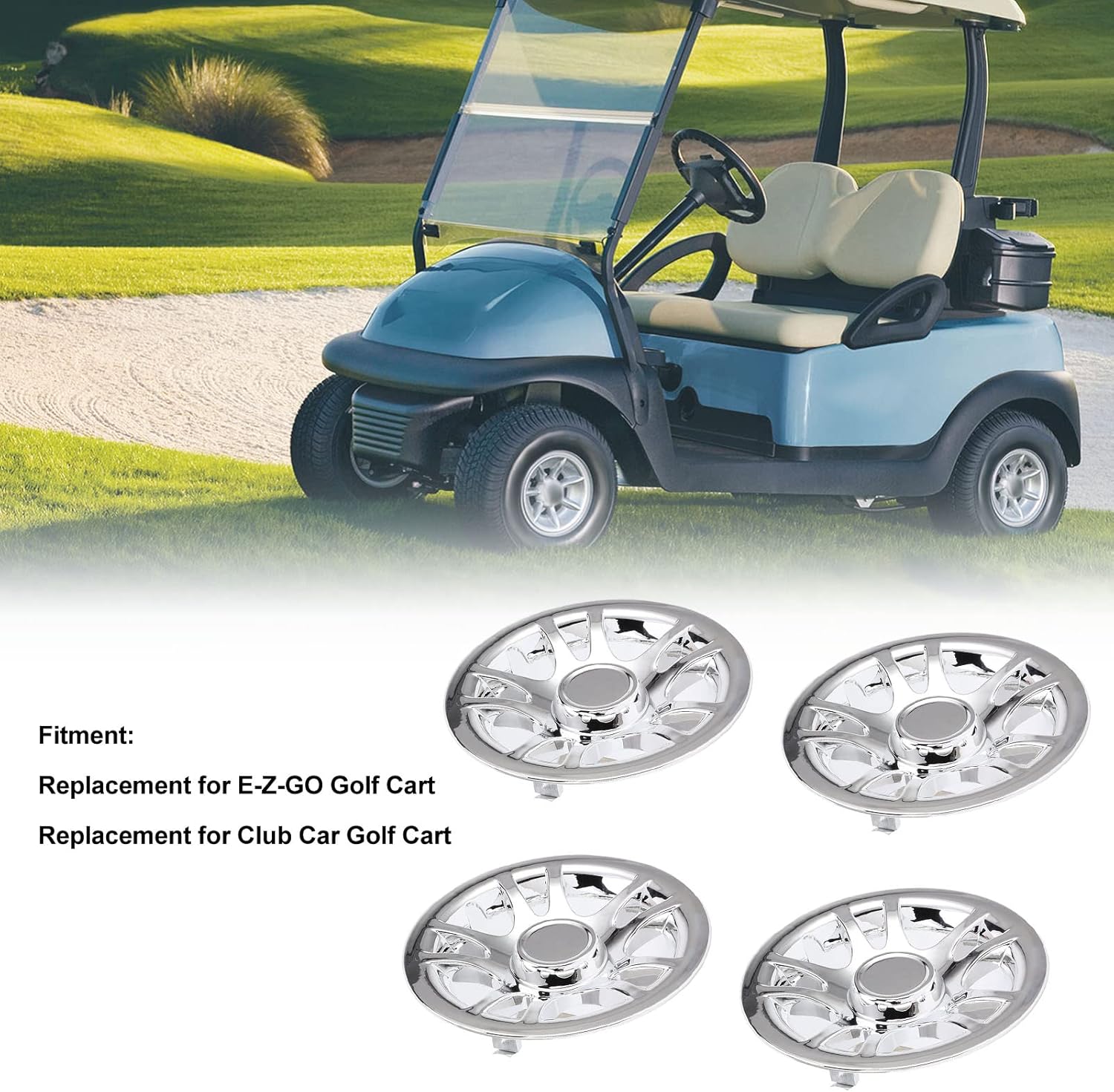 4 tapas de cubo de carrito de golf de 8 pulgadas, cubiertas de rueda cromadas, protector de llanta para carrito de golf E Z GO