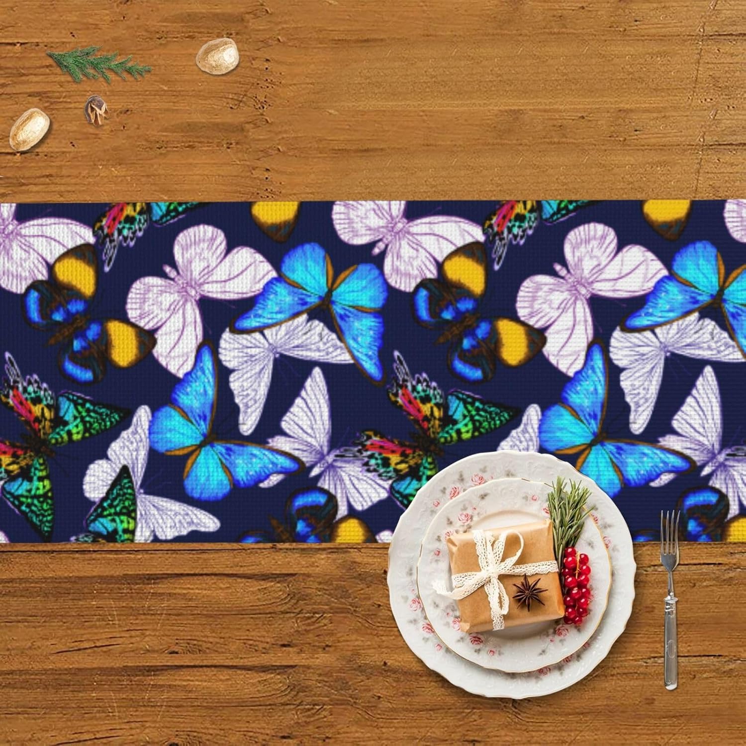Camino de mesa de Navidad con mariposas azules, decoración de mesa de comedor, decoración de Navidad, decoración de interiores del hogar, caminos de
