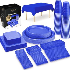 SparkSettings Juego de suministros de fiesta azul real, platos de papel, vasos de plástico, tenedores, cuchillos, cucharas, servilletas, mantel para SparkSettings Juego de suministros de fiesta azul real, platos de papel, vasos de plástico, tenedores, cuchillos, cucharas, servilletas, mantel para