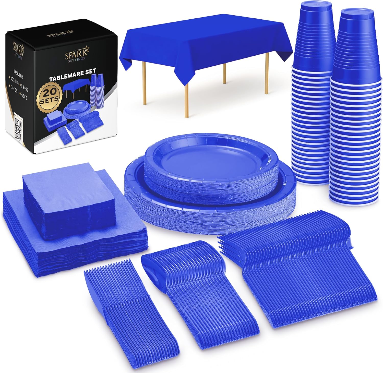 SparkSettings Juego de suministros de fiesta azul real, platos de papel, vasos de plástico, tenedores, cuchillos, cucharas, servilletas, mantel para