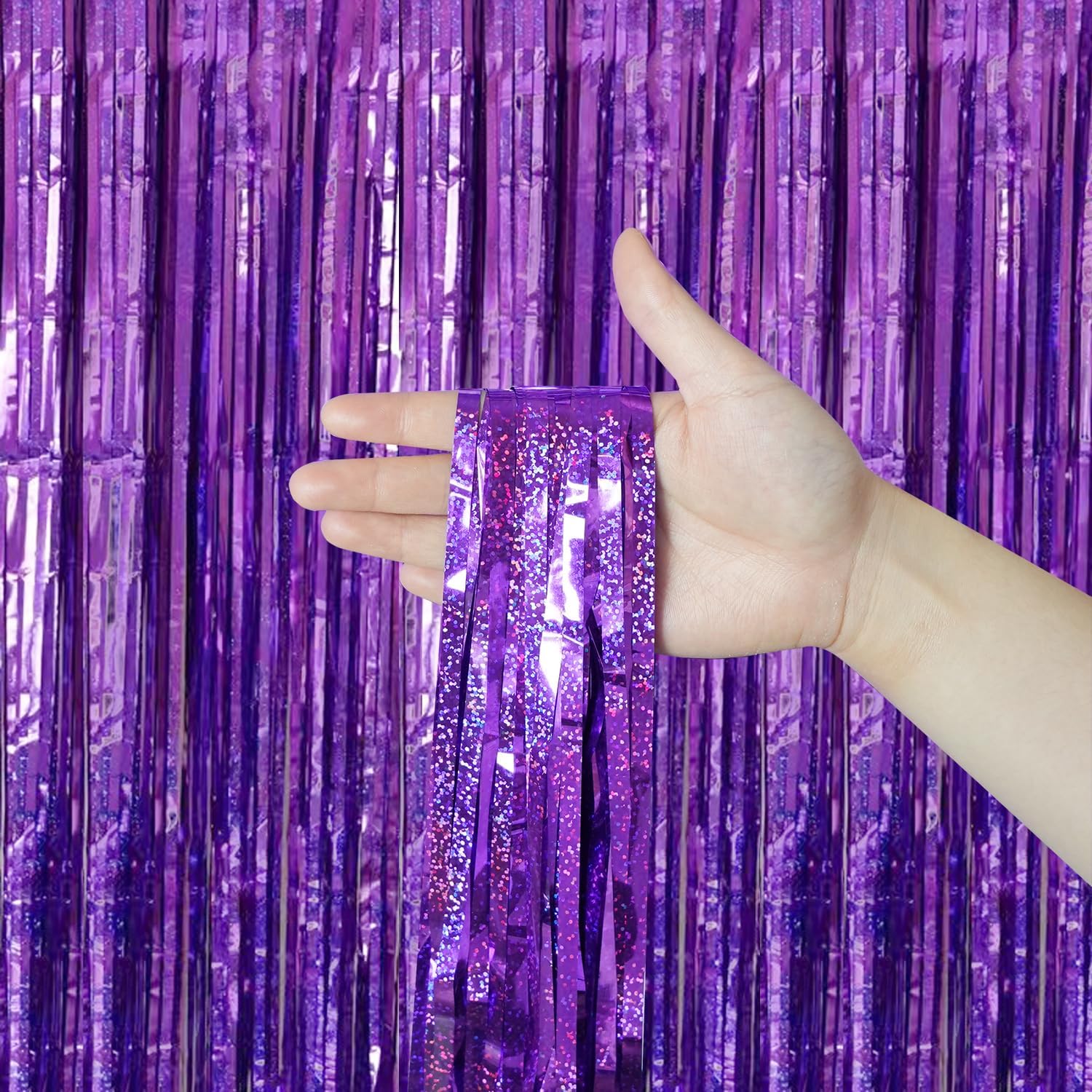 QRabbit Paquete de 4 cortinas de flecos de papel de aluminio morado, serpentinas metálicas de oropel para fiesta, telón de fondo brillante para