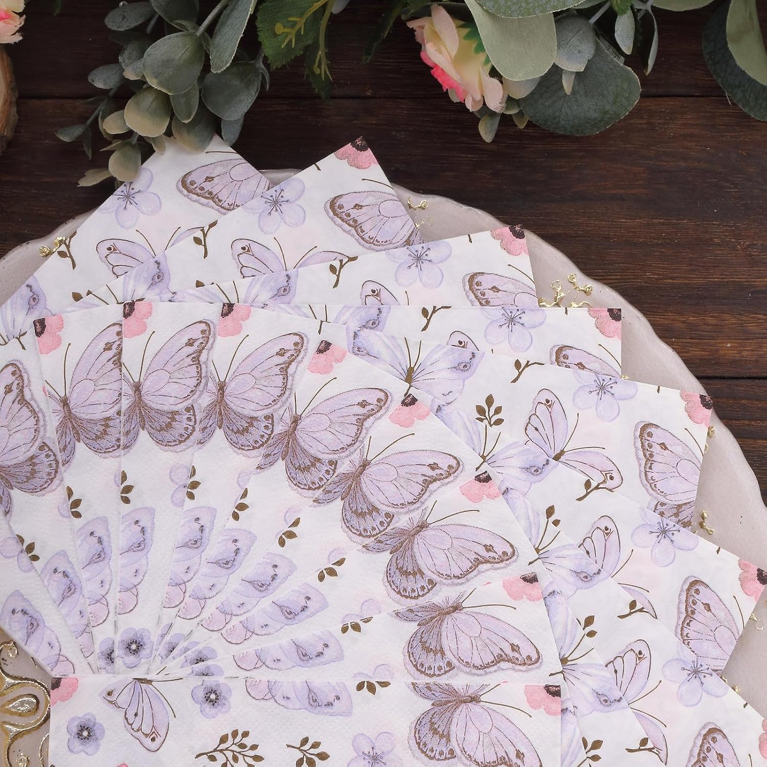 Efavormart – Paquete de 20 servilletas de papel de mariposa lavanda marfil, elegantes servilletas desechables de cóctel para fiesta de jardín, 18 GSM