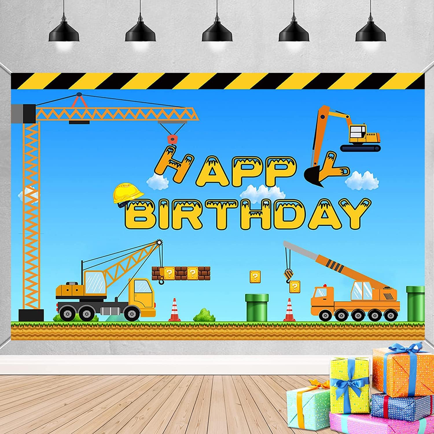 Tema de construcción feliz cumpleaños telón de fondo camión volquete grúa fiesta de cumpleaños banner excavadora camión fotografía fondo niños