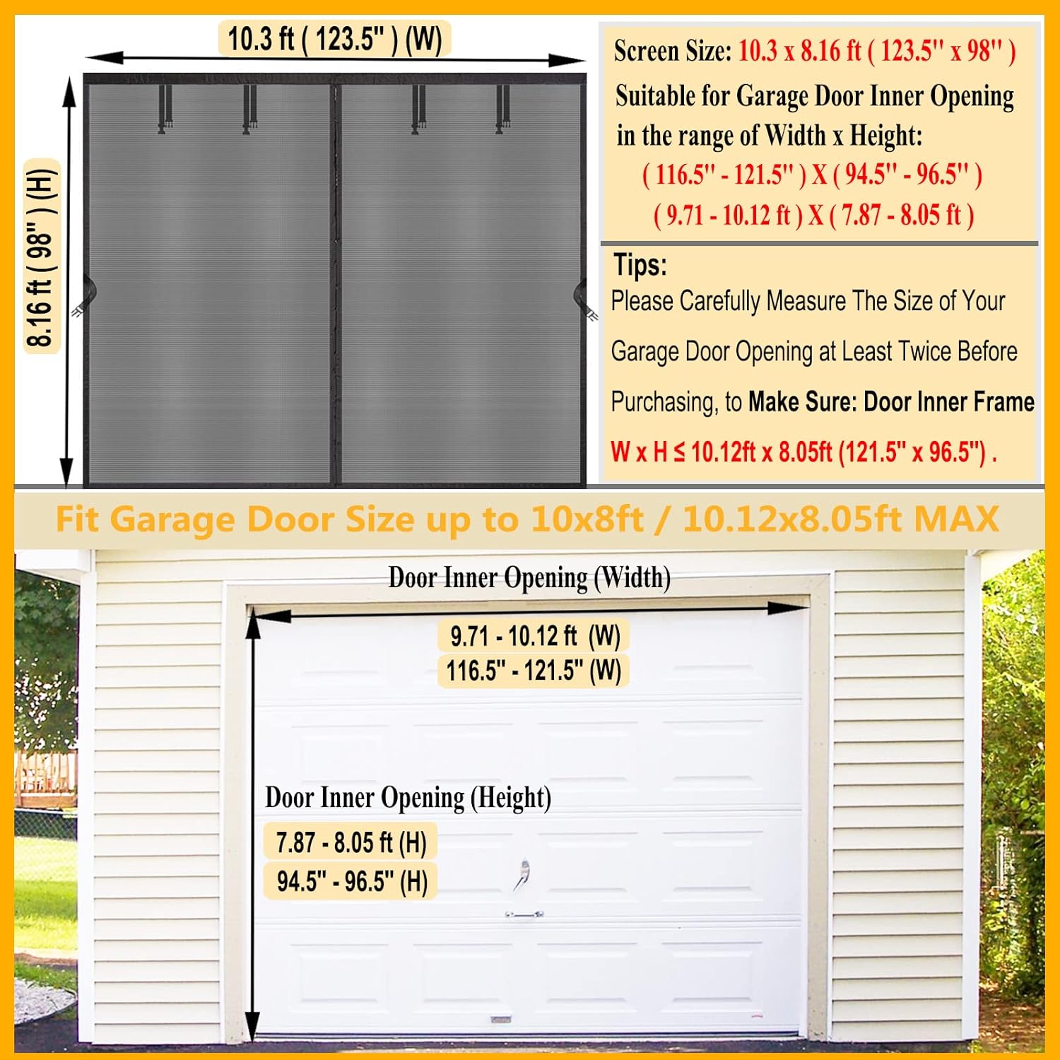 Pantalla magnética para puerta de garaje de 10 x 8 pies para puerta de gimnasio de garaje de 120 x 96 pulgadas, cortinas de malla de fibra de vidrio