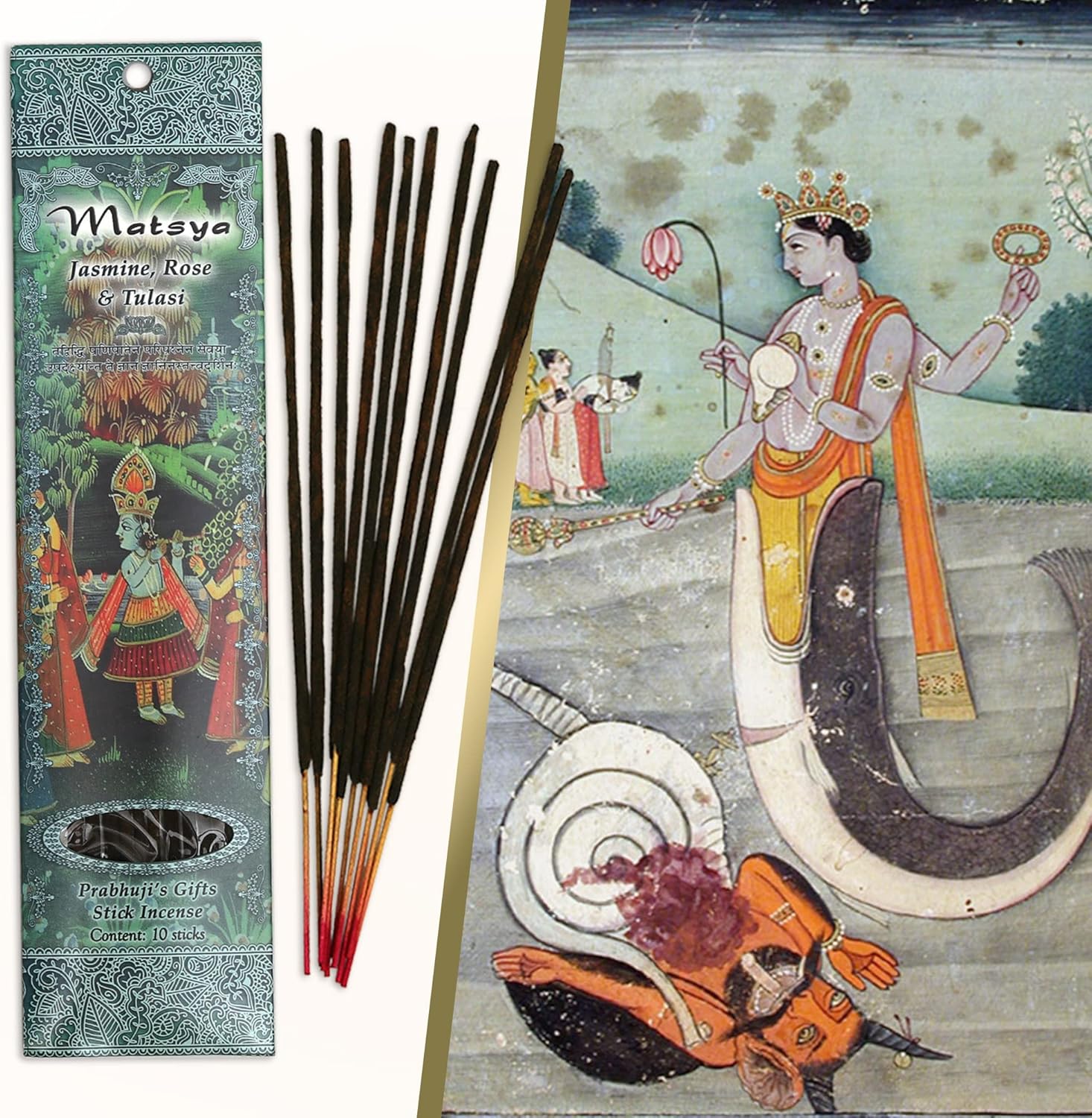 Prabhuji’s Gifts Matsya – Varitas de incienso espiritual enrolladas a mano de la India, palitos aromáticos, para meditación, yoga, relajación e