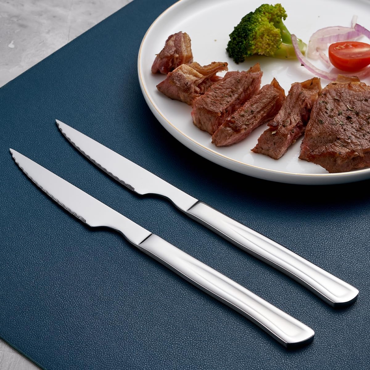 Juego de cuchillos de carne plateados, juego de 6 cuchillos de cocina de acero inoxidable y cuchillos de cocina, cuchillos de carne dentados