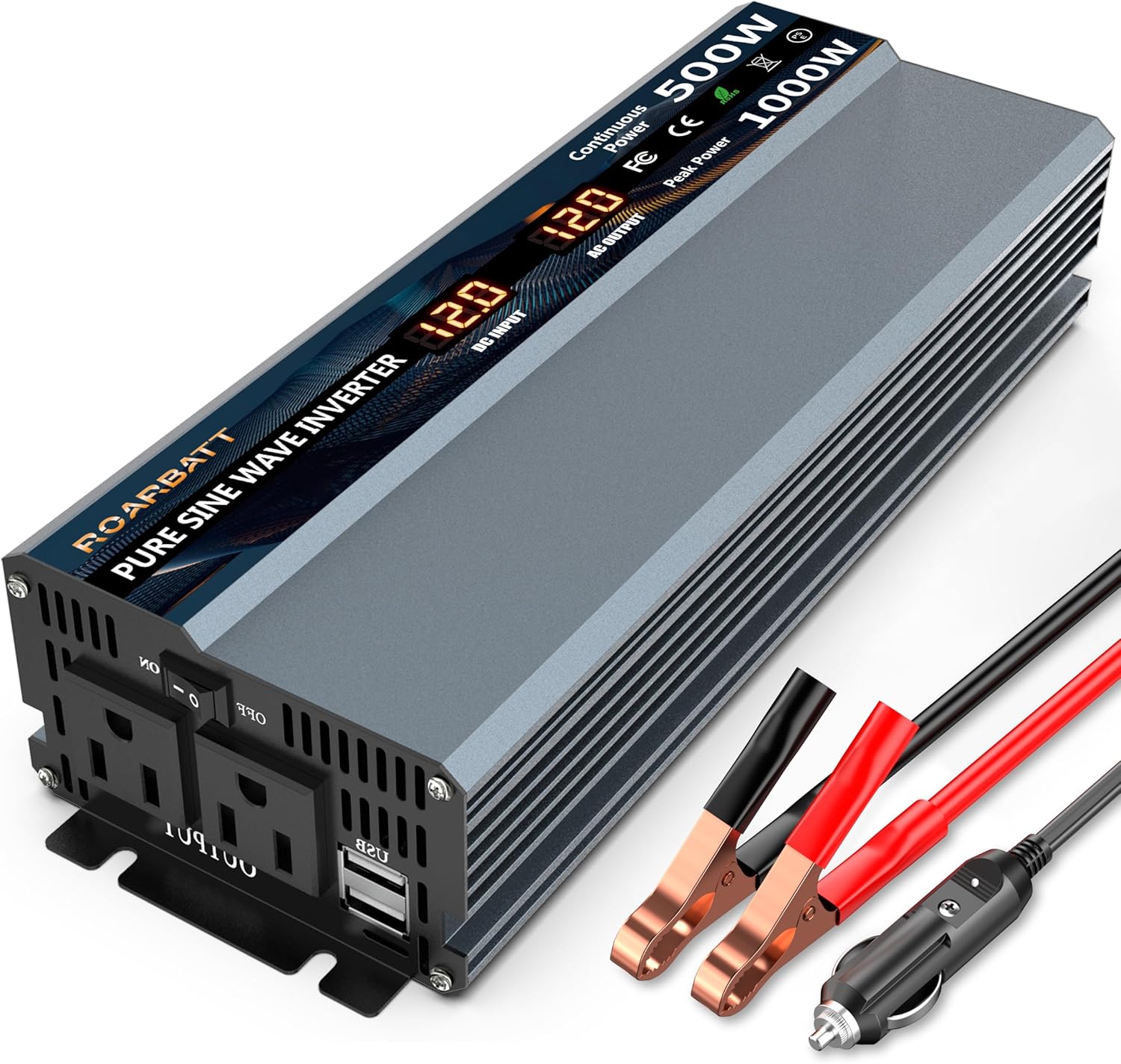 Inversor de corriente de onda sinusoidal pura de 500 W, 12 V CC a CA, 110 V, 120 V, potencia máxima, 1000 W, con 2 salidas de CA, inversor de