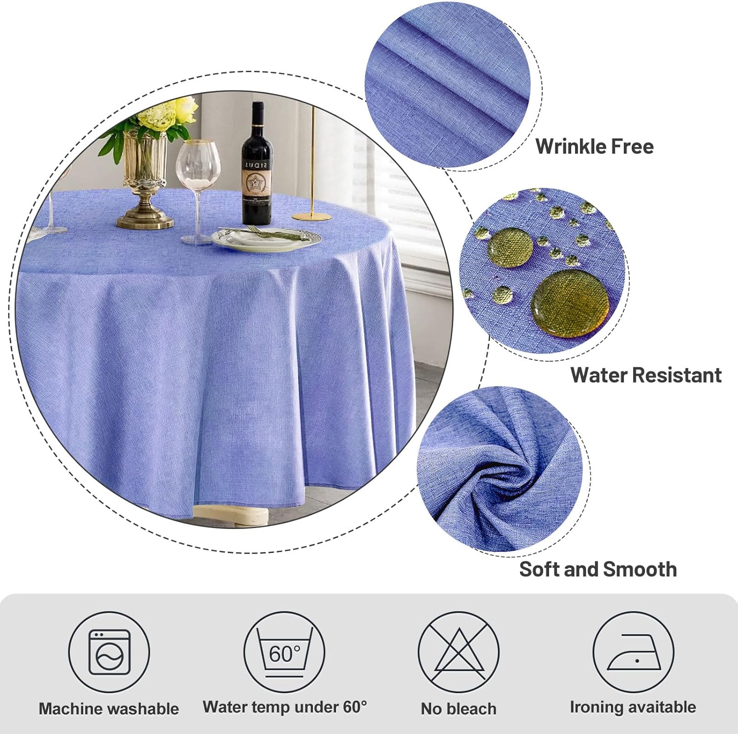 Mantel redondo de tela texturizada de 60 pulgadas, resistente al agua, a prueba de satén, mantel redondo para cocina, comedor, decoración de fiestas