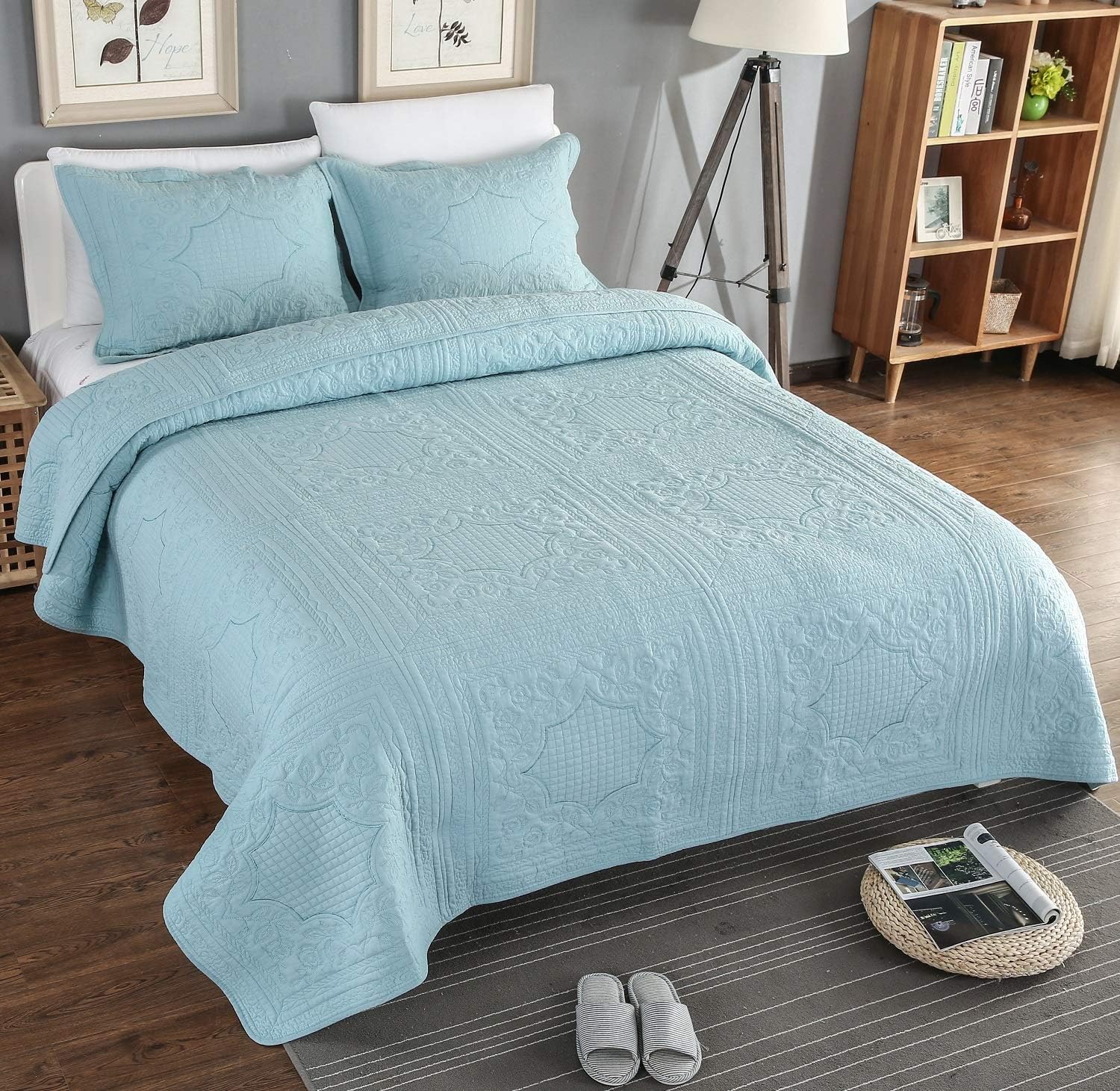 Brandream Juego de ropa de cama de lujo de granja 100% algodón, tamaño Queen, King, vintage, elegante, juego de colcha acolchada azul aguamarina (98