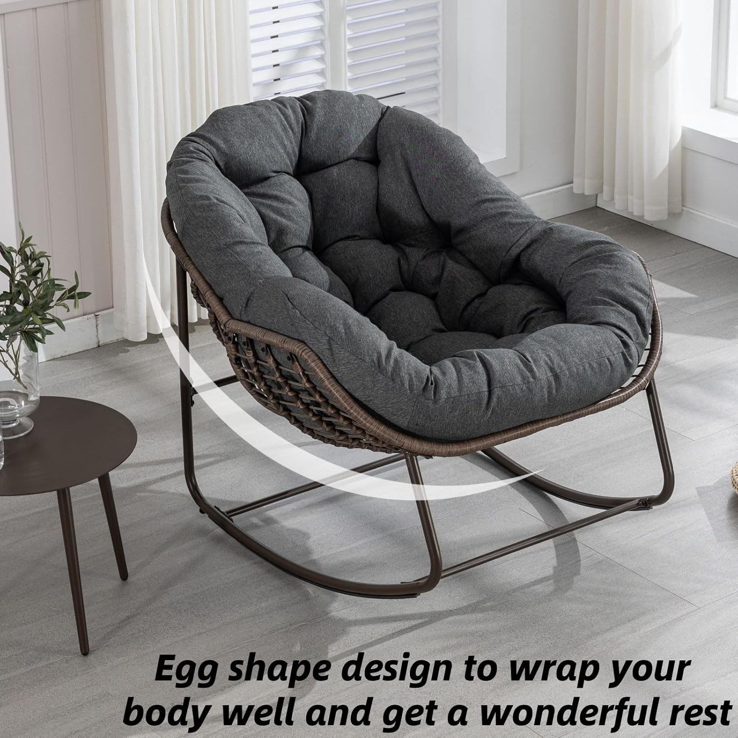 Luccalily Silla mecedora para porche delantero para interiores y exteriores, silla reclinable acolchada de ratán, para patio, jardín, sala de estar