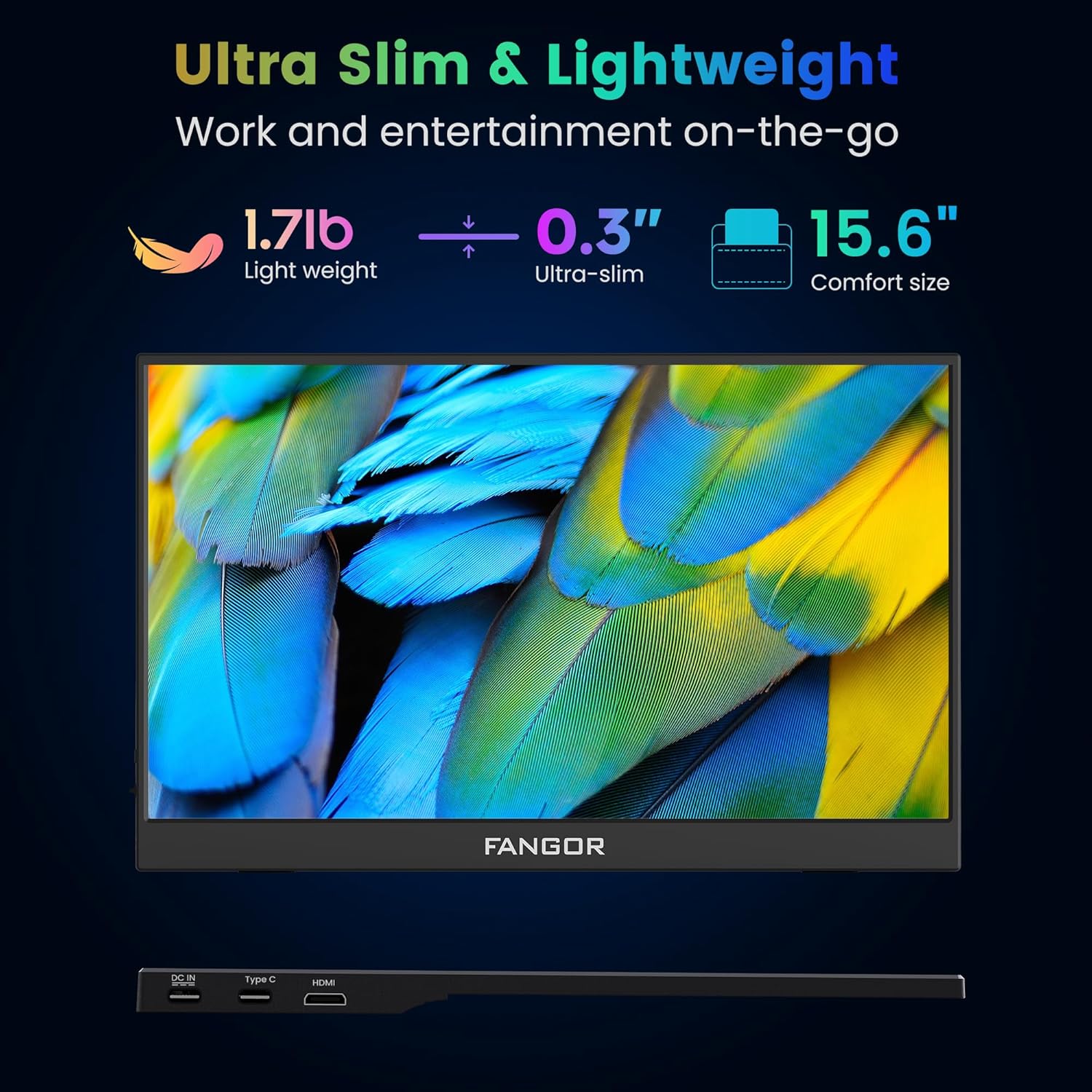 FANGOR Monitor portátil, monitor de viaje FHD 1080P de 15.6 pulgadas para laptop, pantalla ultra delgada HDR IPS para videojuegos, extensor de