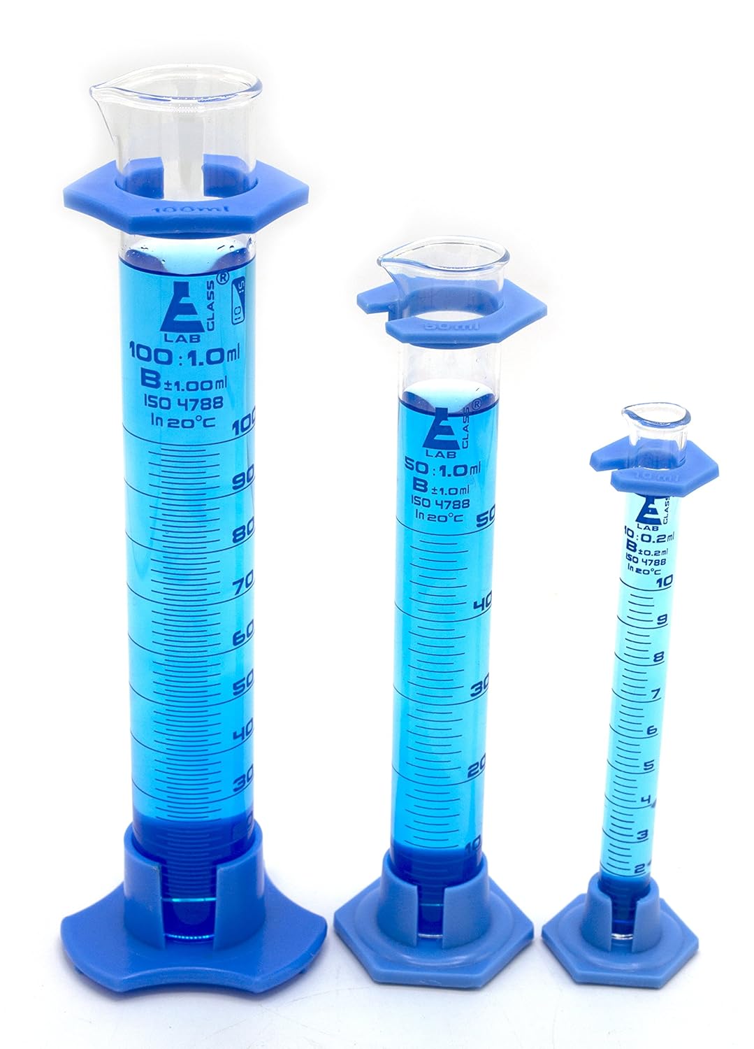 Eisco Labs juego de cilindros graduados, 3 unidades, 10 ml, 50 ml, 100 ml, con protectores de plástico, clase B, de vidrio de borosicalato
