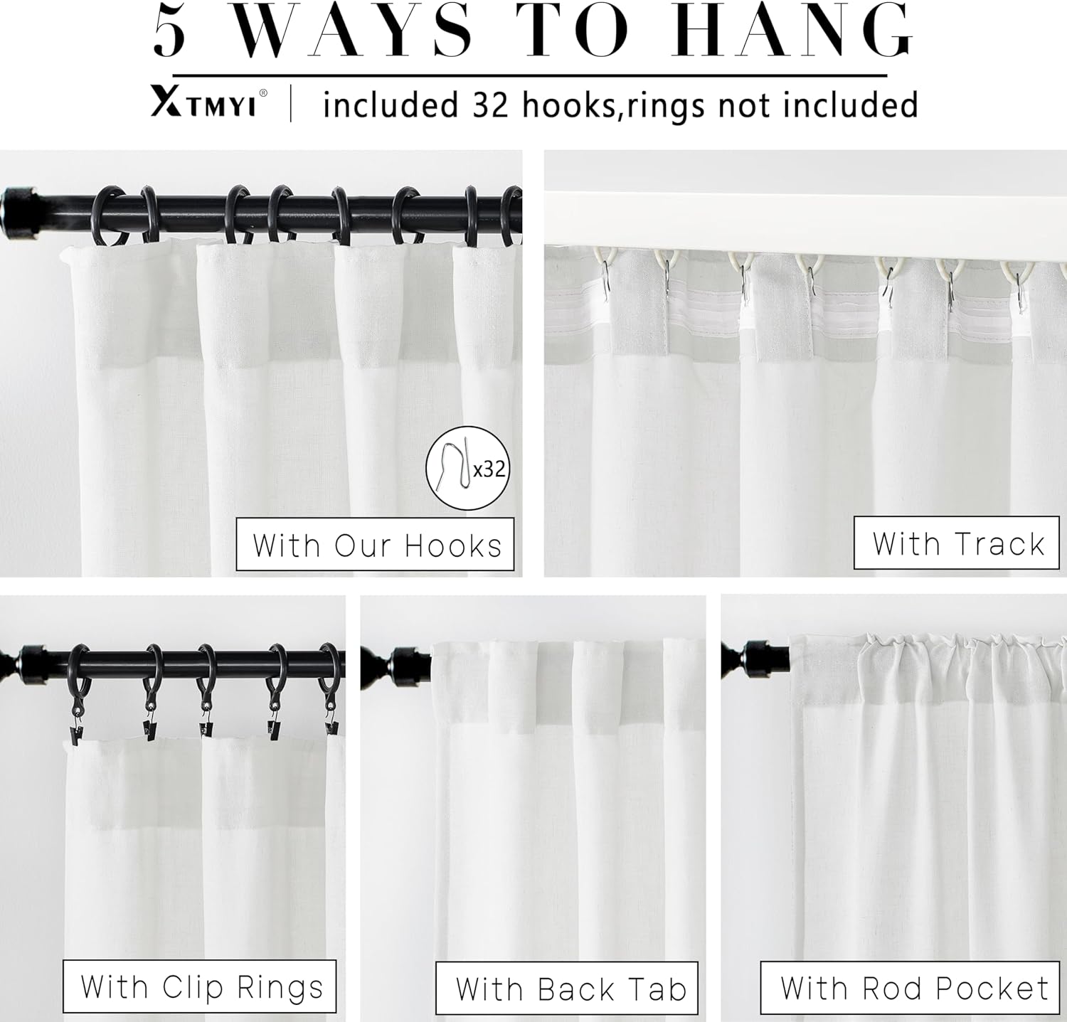 XTMYI Cortinas blancas de 90 pulgadas de largo para sala de estar, juego de 2 paneles con cinta de gancho y pestaña trasera, cortinas de lino para