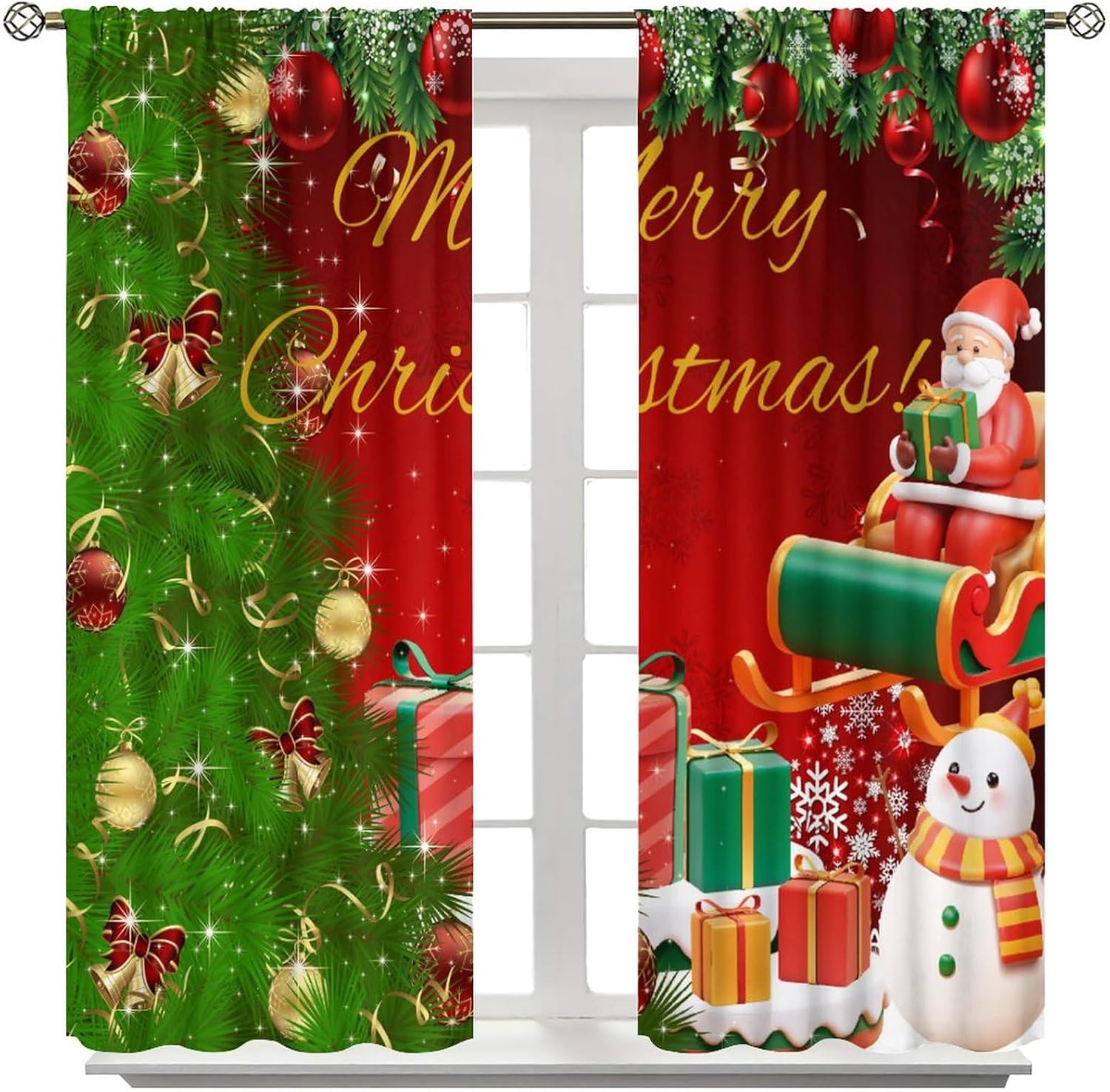 BAEKJIN Cortinas de Navidad con diseño de muñeco de nieve, árbol de Navidad brillante, regalo de Papá Noel, decoración del hogar, cuarto del bebé,