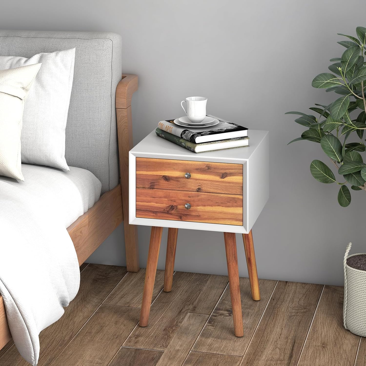 GOFLAME Mesita de noche con 2 cajones, pequeña mesa auxiliar de madera, moderna de mediados de siglo con almacenamiento, mesa auxiliar compacta para