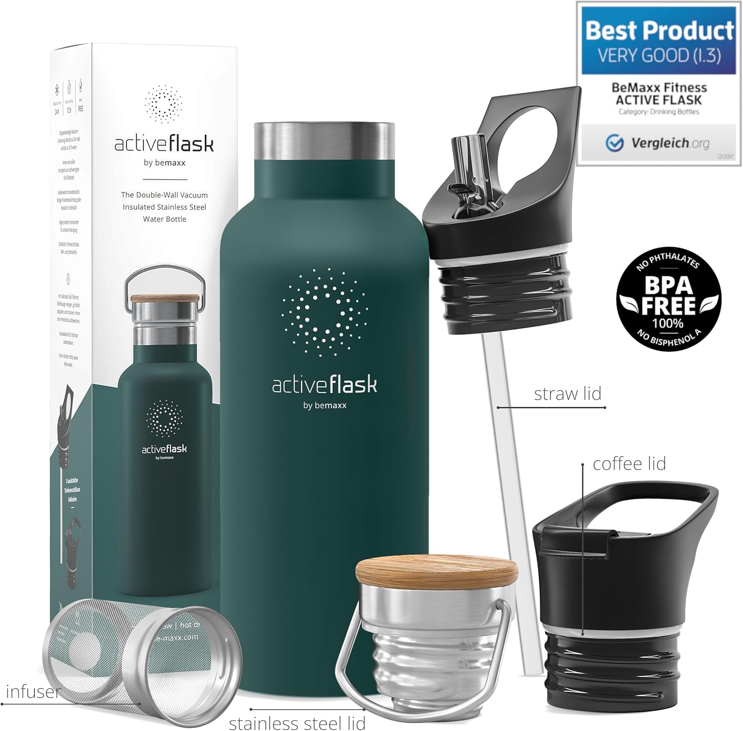 Botella de agua de acero inoxidable con pajita, infusor y 3 tapas 1832 oz a prueba de fugas aislado al vacío ACTIVE FLASK Botellas de beber frías