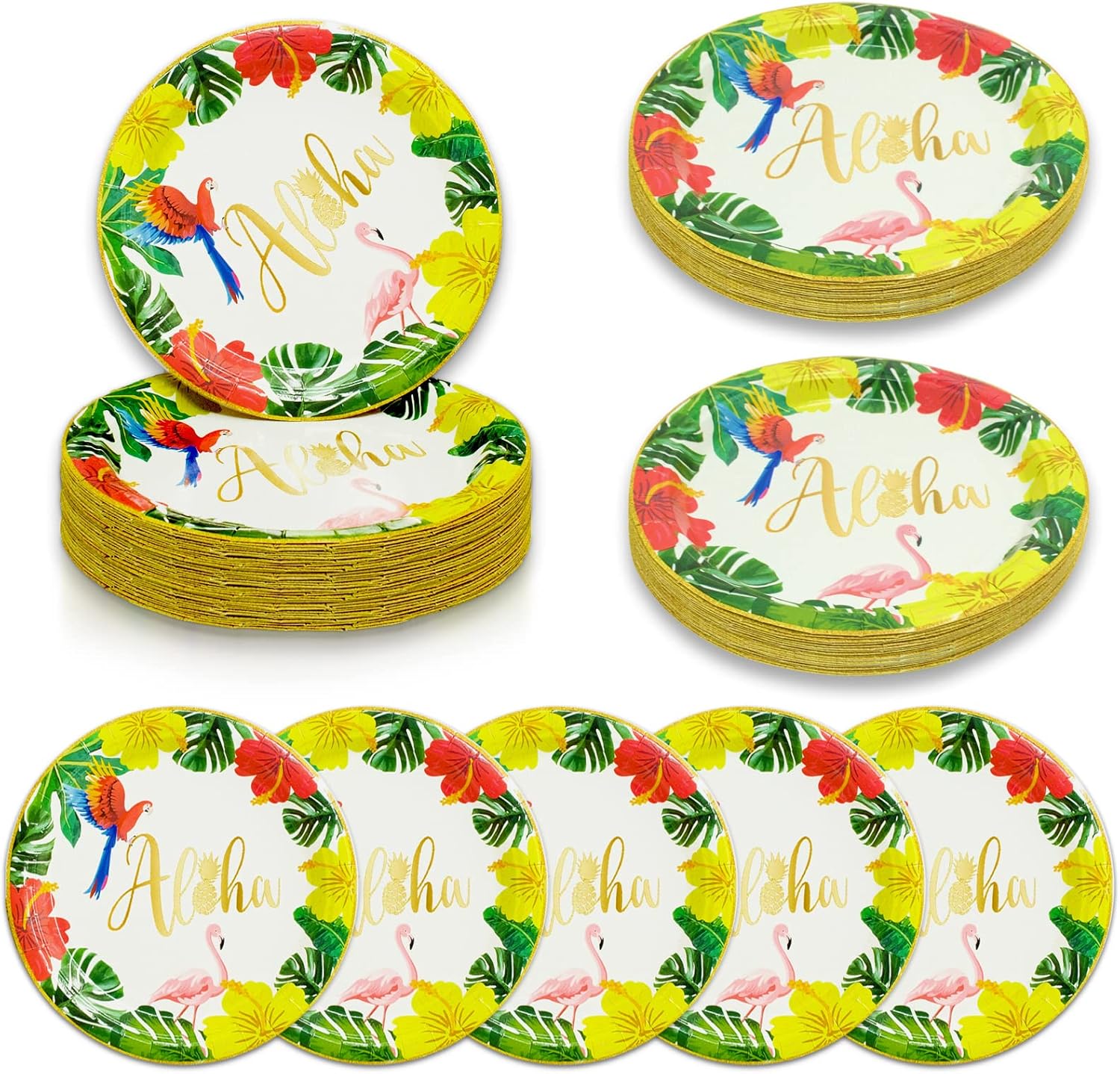 Juego de 100 platos de flamenco hawaiano Aloha de papel desechables de 7 pulgadas, platos de postre desechables Luau tropicales, suministros para